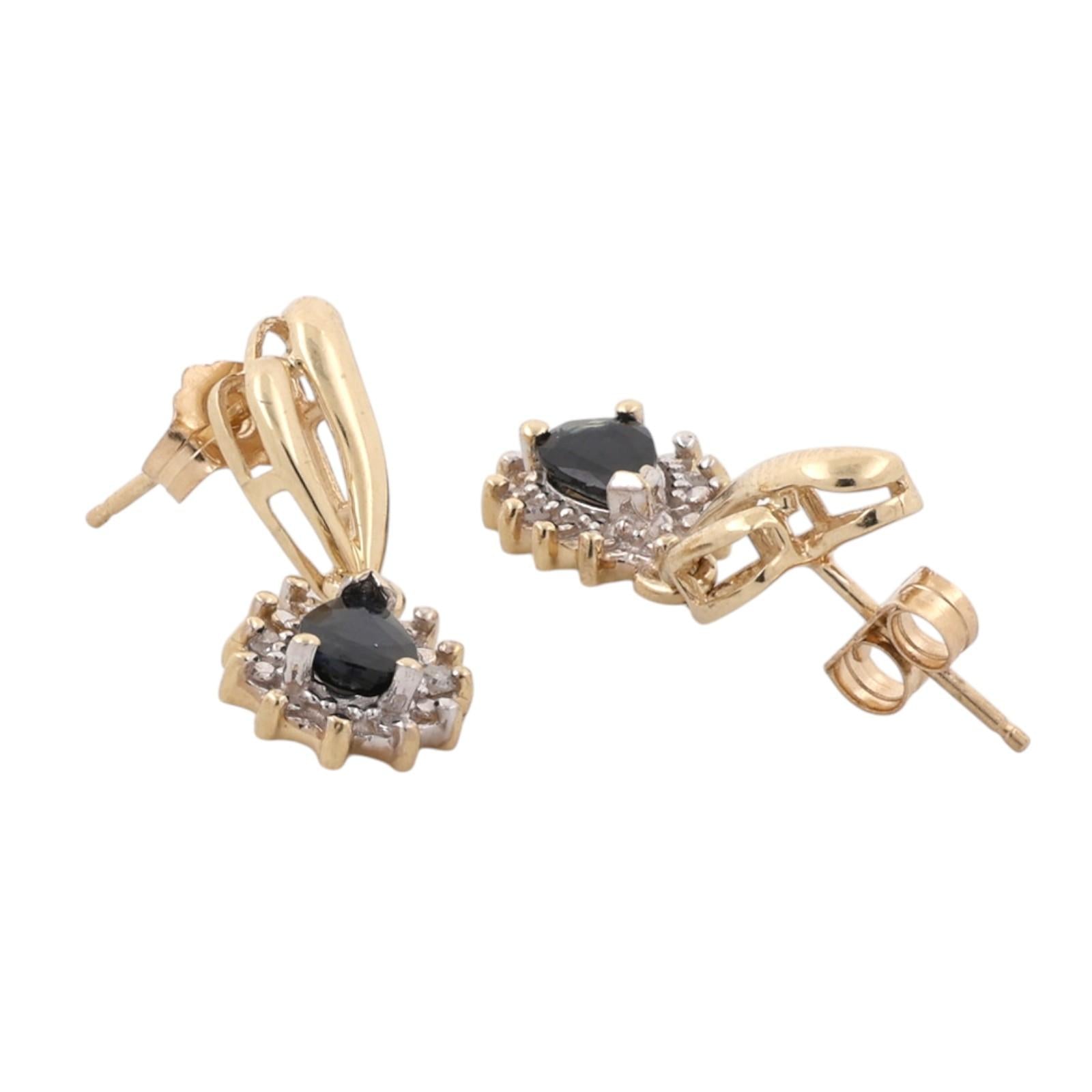 Pear Blue Sapphire Diamond Halo Drop Earrings 14K Two Tone Gold Estate 0.84CTW