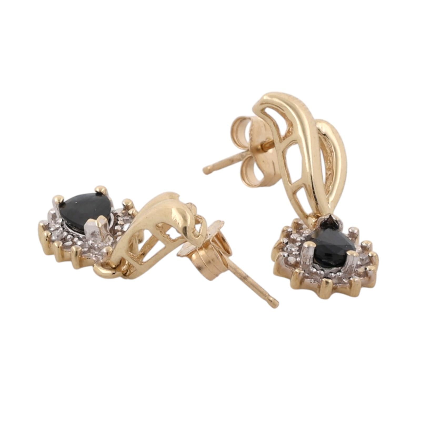 Pear Blue Sapphire Diamond Halo Drop Earrings 14K Two Tone Gold Estate 0.84CTW