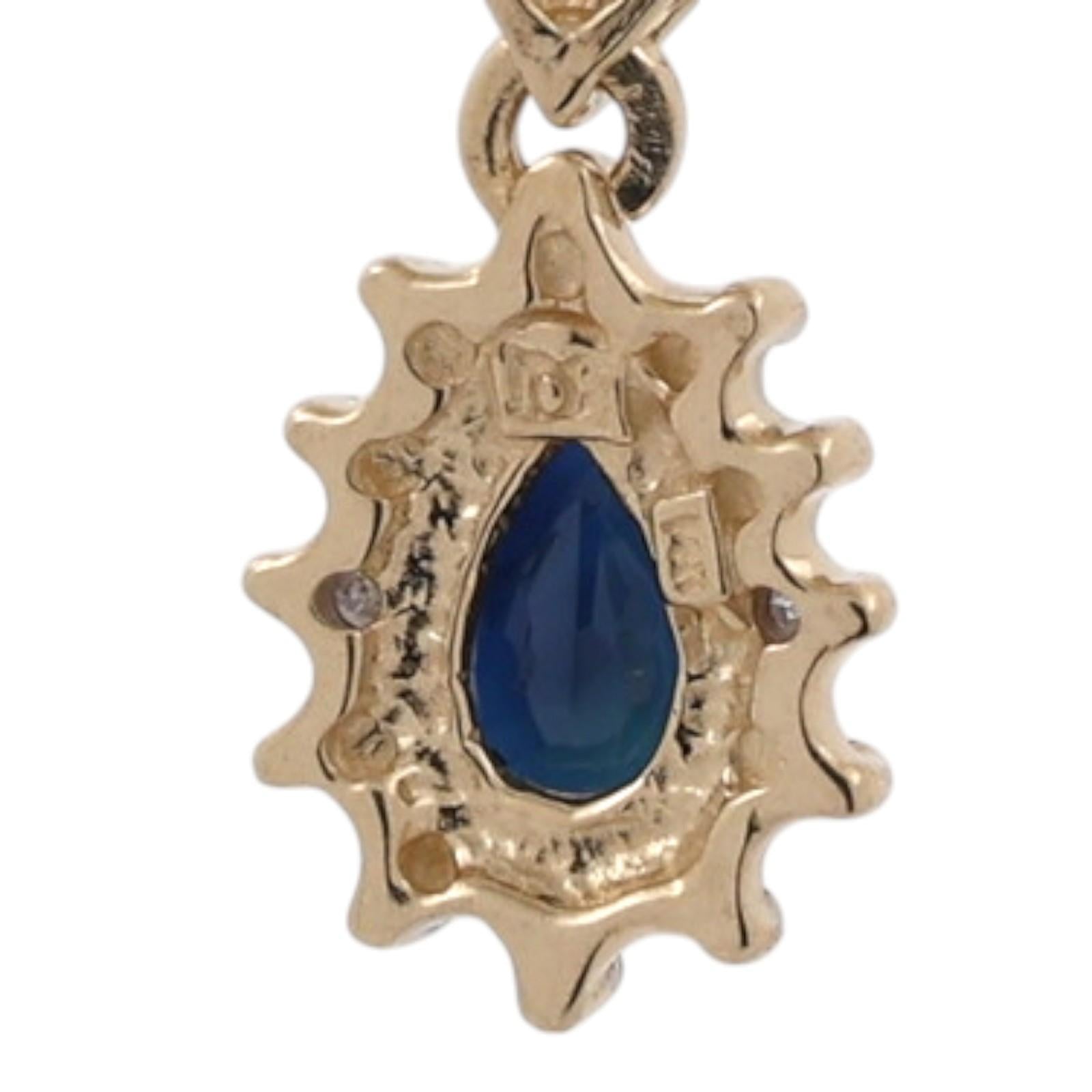 Pear Blue Sapphire Diamond Halo Drop Earrings 14K Two Tone Gold Estate 0.84CTW