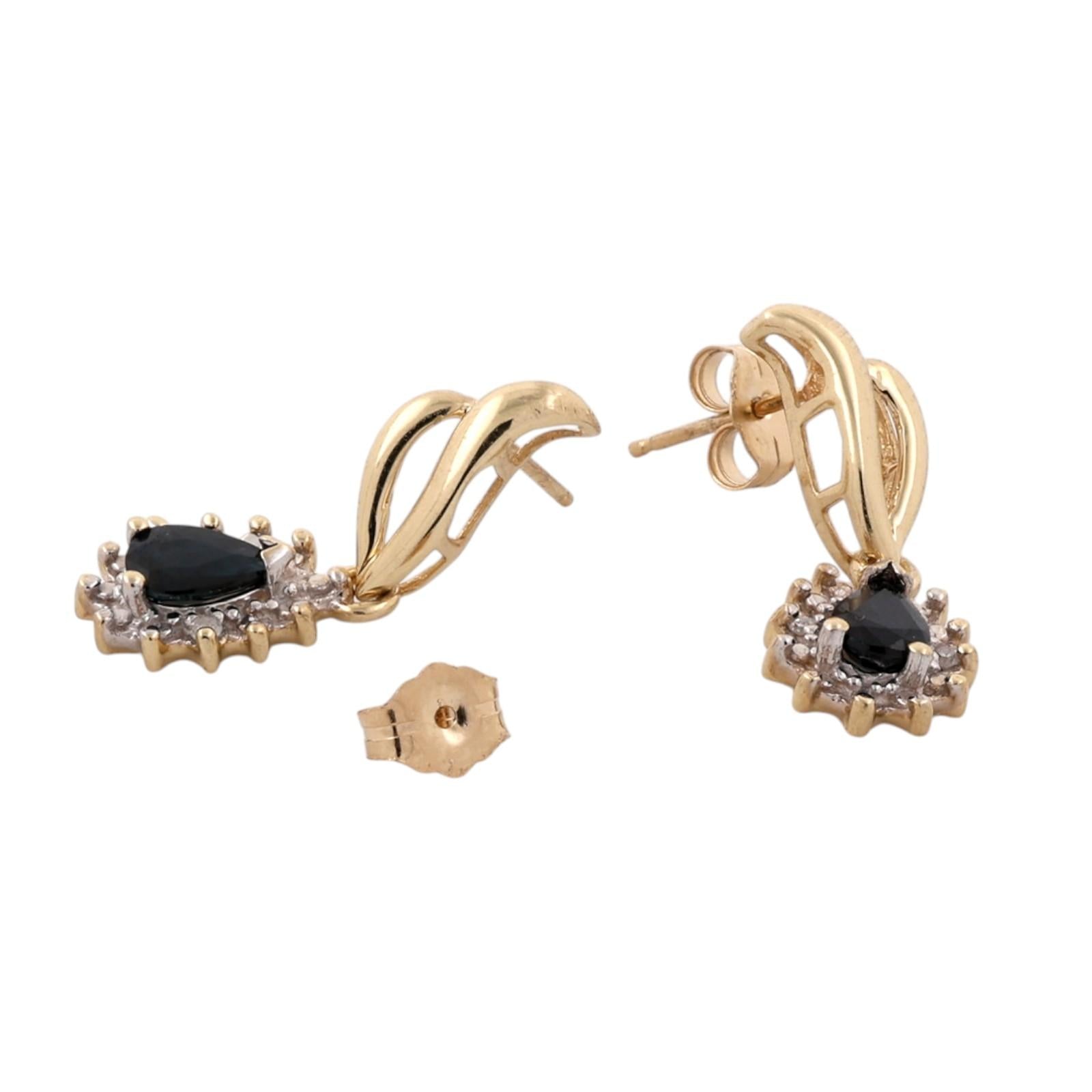 Pear Blue Sapphire Diamond Halo Drop Earrings 14K Two Tone Gold Estate 0.84CTW