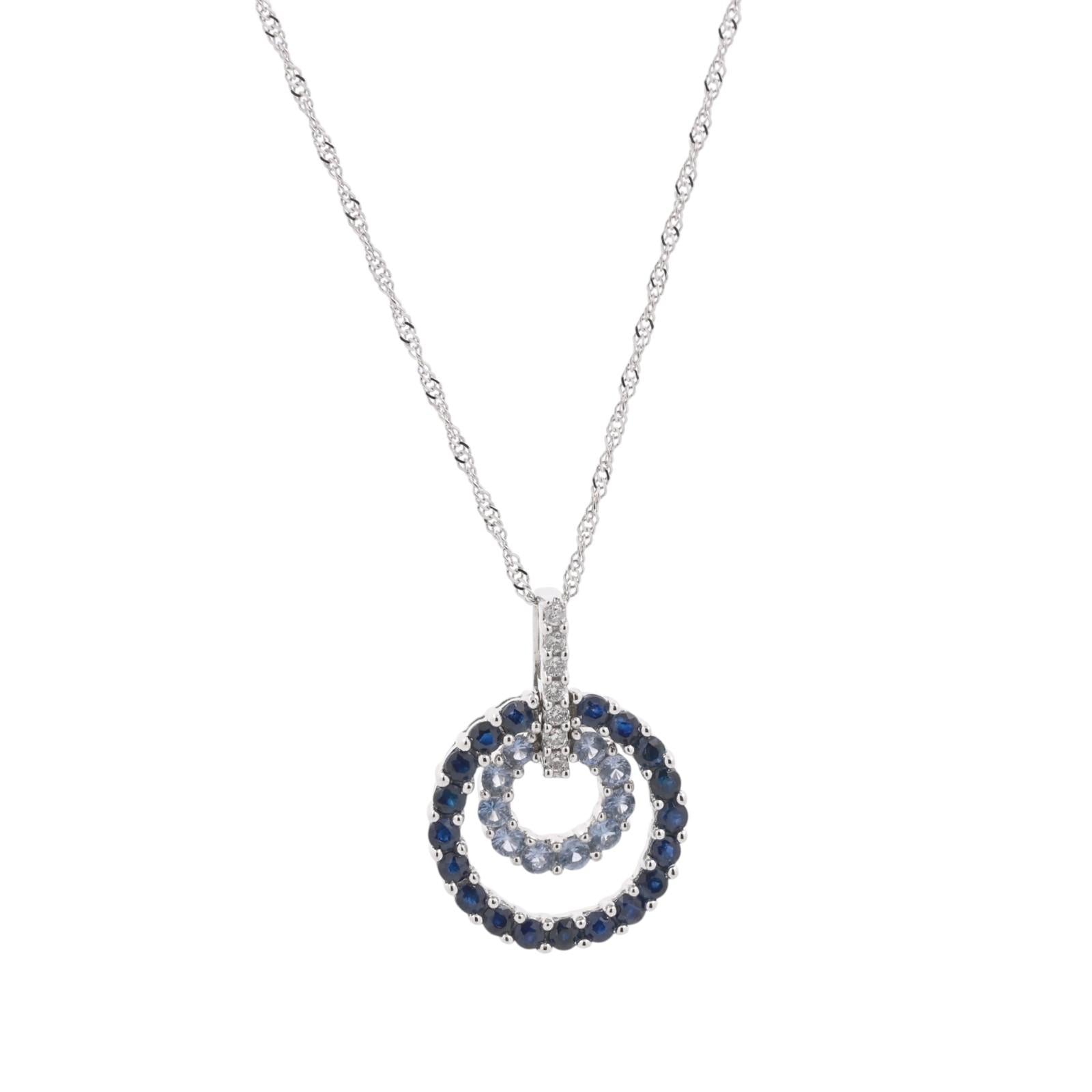 14K White Gold Blue Sapphire Diamond Double Circle Pendant Chain Necklace 1.50TW