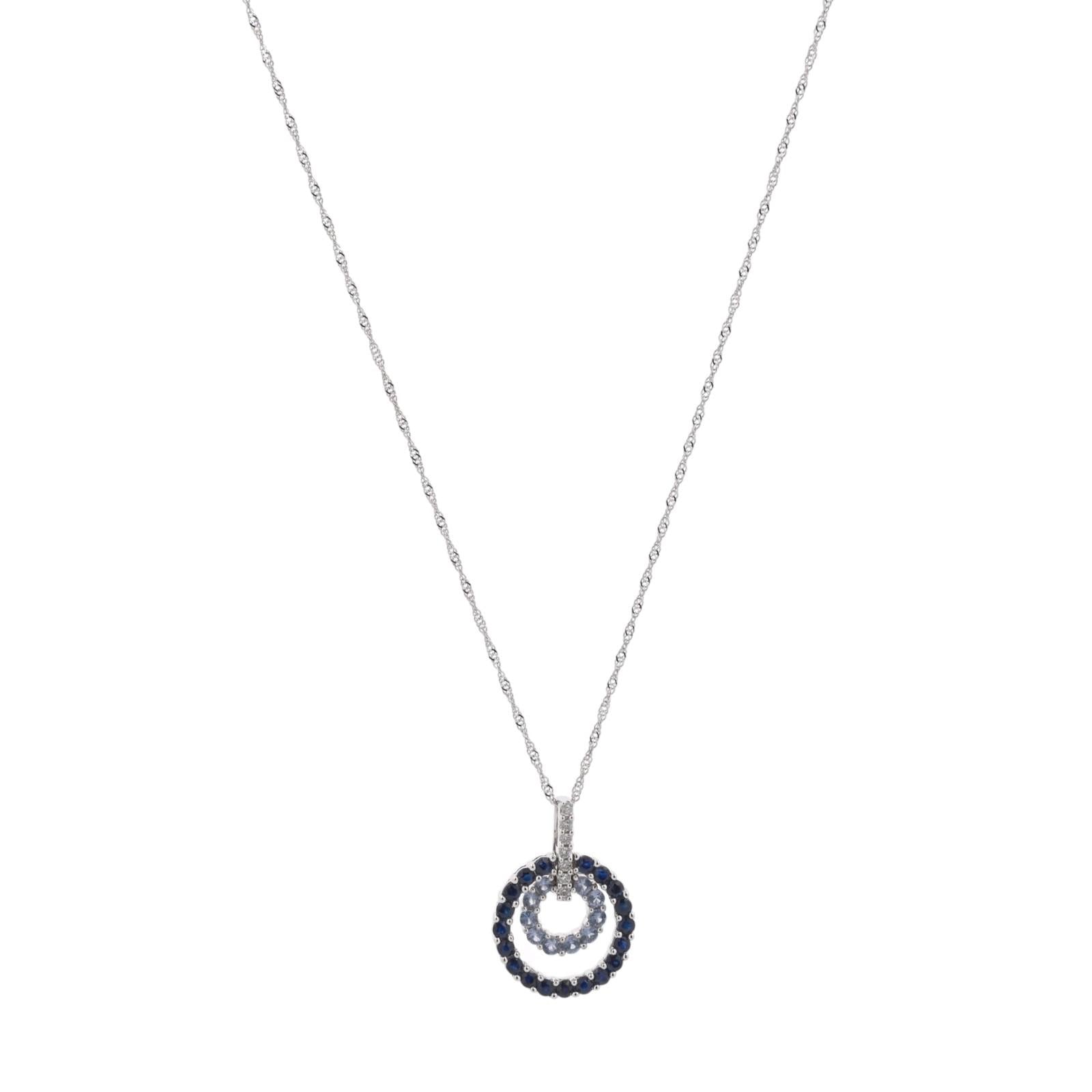 14K White Gold Blue Sapphire Diamond Double Circle Pendant Chain Necklace 1.50TW