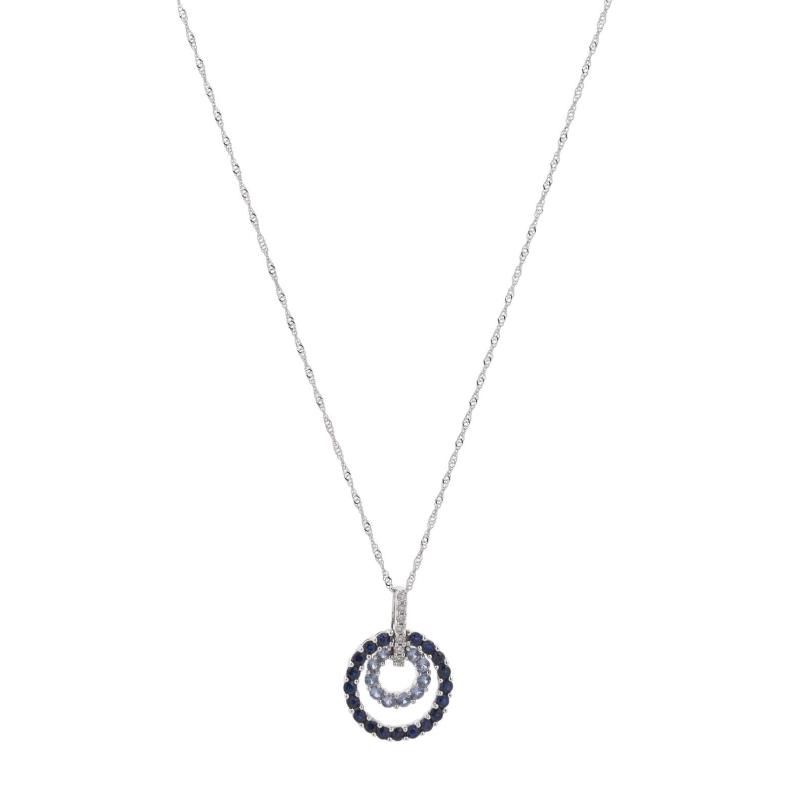 14K White Gold Blue Sapphire Diamond Double Circle Pendant Chain Necklace 1.50TW