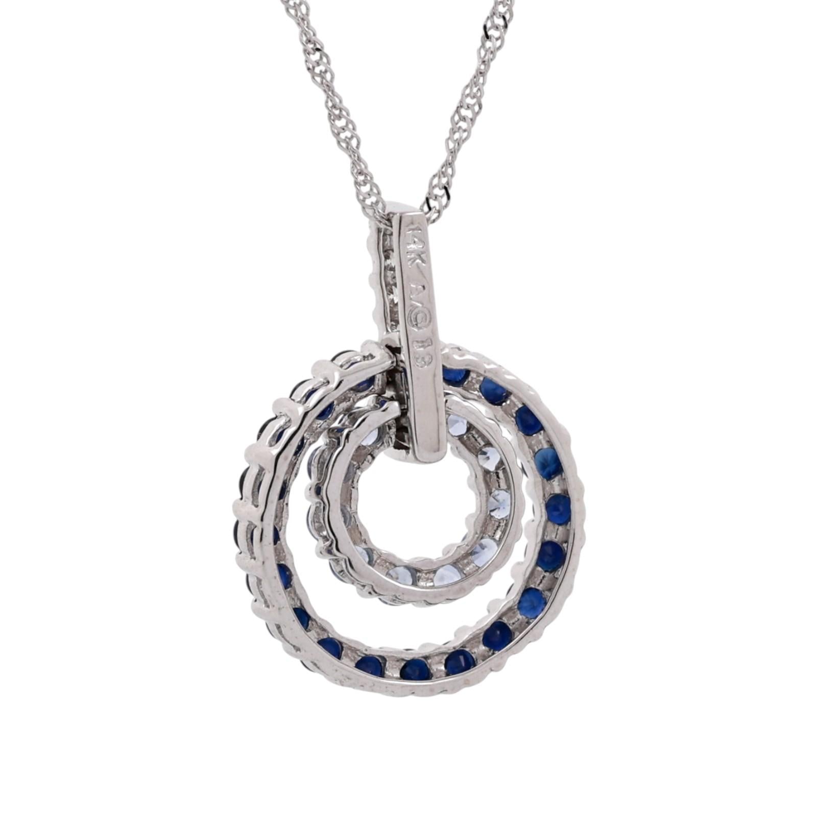 14K White Gold Blue Sapphire Diamond Double Circle Pendant Chain Necklace 1.50TW
