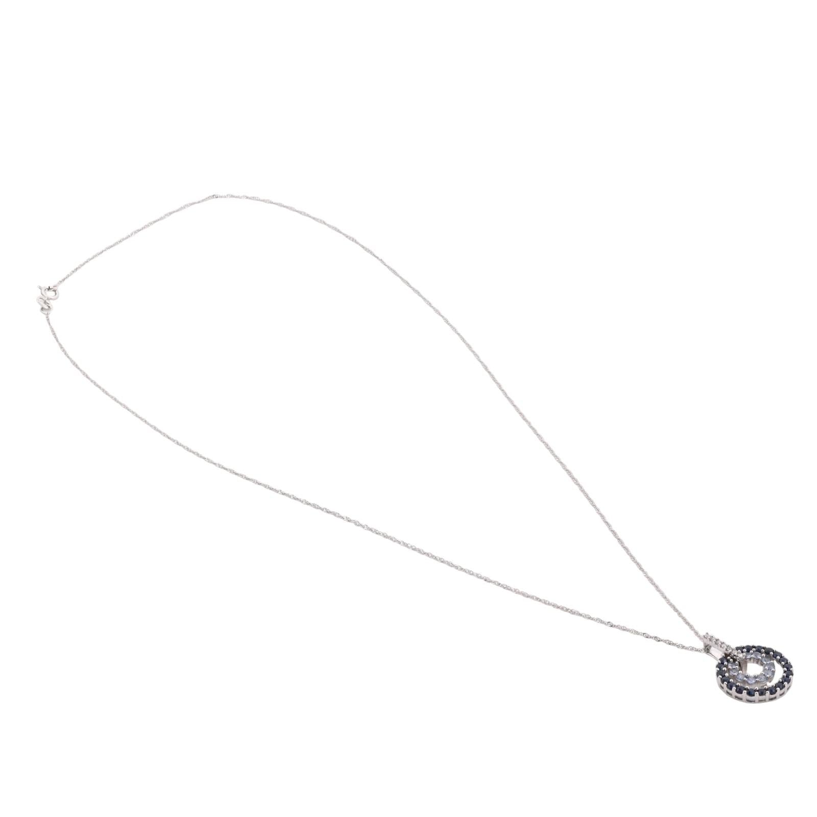 14K White Gold Blue Sapphire Diamond Double Circle Pendant Chain Necklace 1.50TW