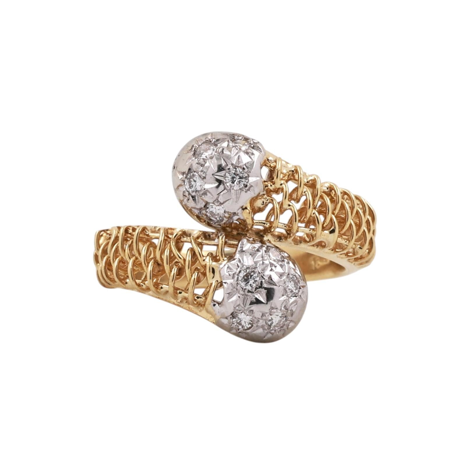 18K Two Tone Gold Diamond Bypass Ring Openwork Italian Design Size 5