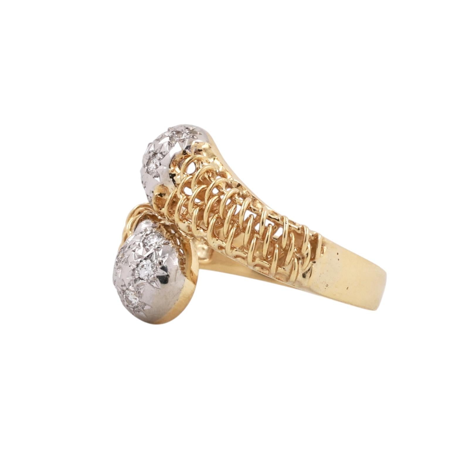 18K Two Tone Gold Diamond Bypass Ring Openwork Italian Design Size 5