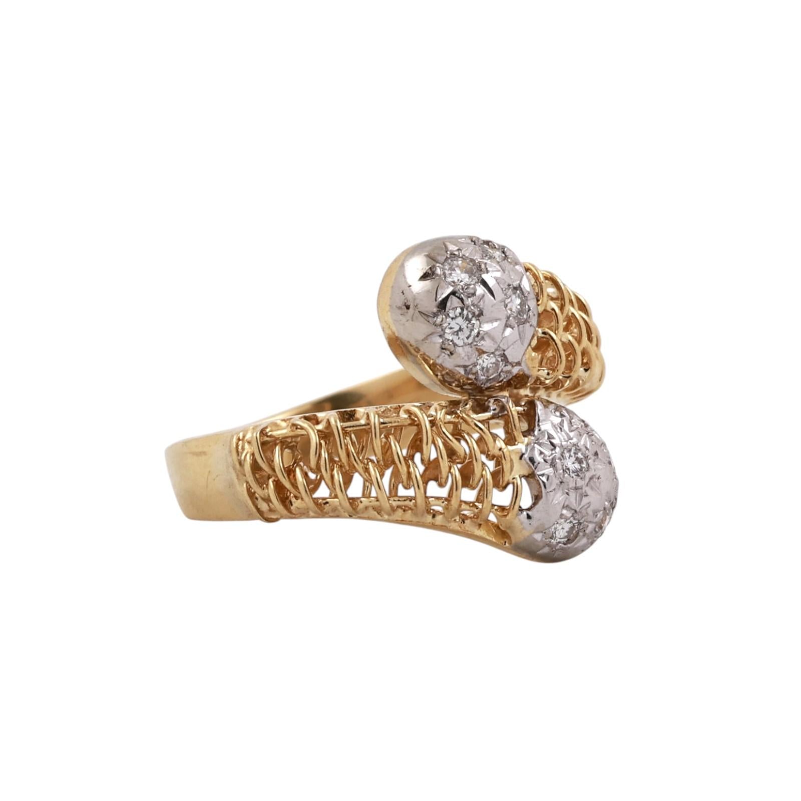 18K Two Tone Gold Diamond Bypass Ring Openwork Italian Design Size 5