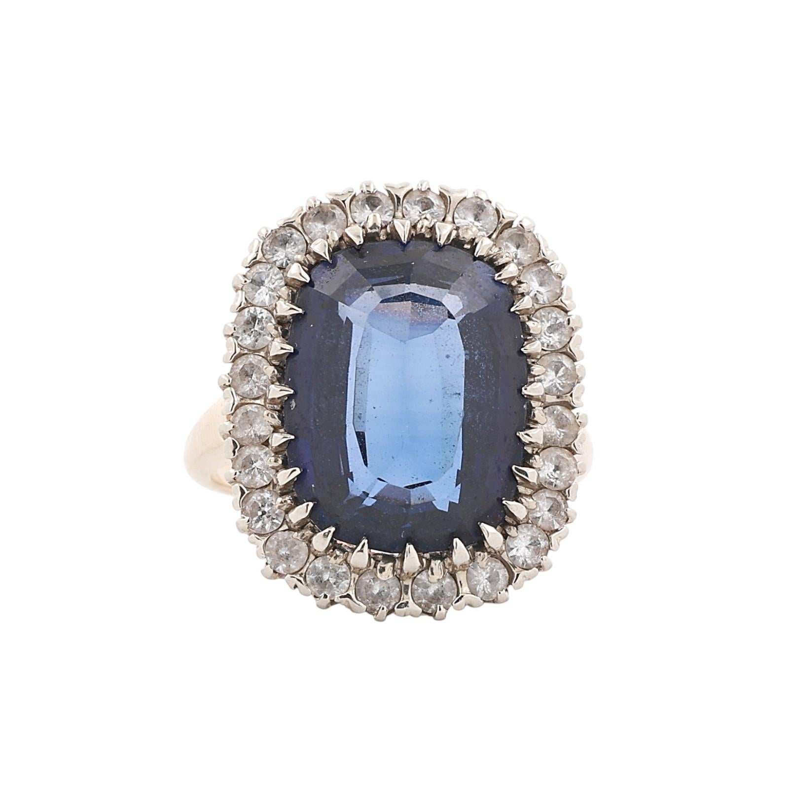 Two-Tone Gold 13.50CT Lab Grown Blue Sapphire and 1.44CT Quartz Halo Ring Sz 7.5