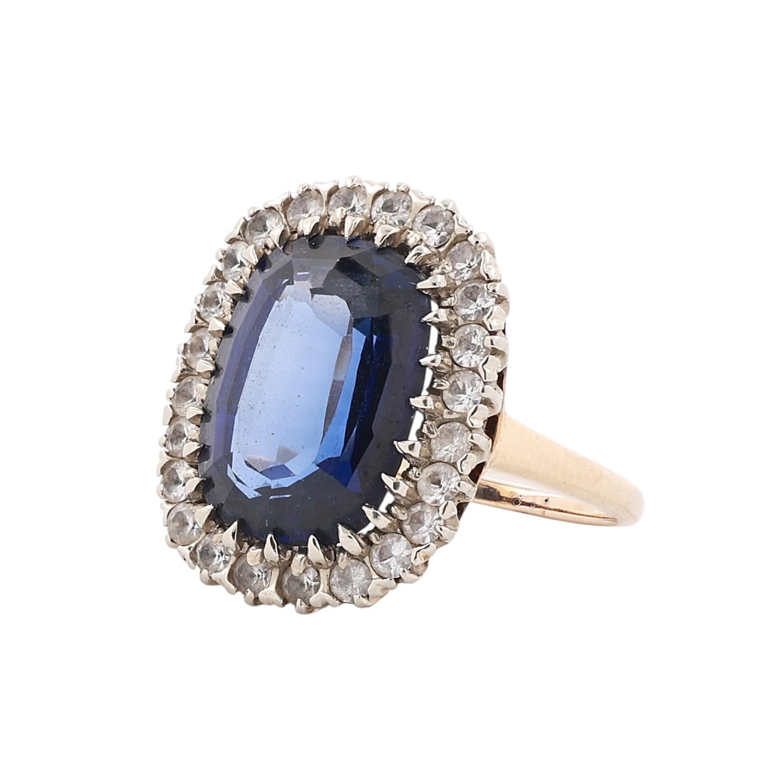 Two-Tone Gold 13.50CT Lab Grown Blue Sapphire and 1.44CT Quartz Halo Ring Sz 7.5