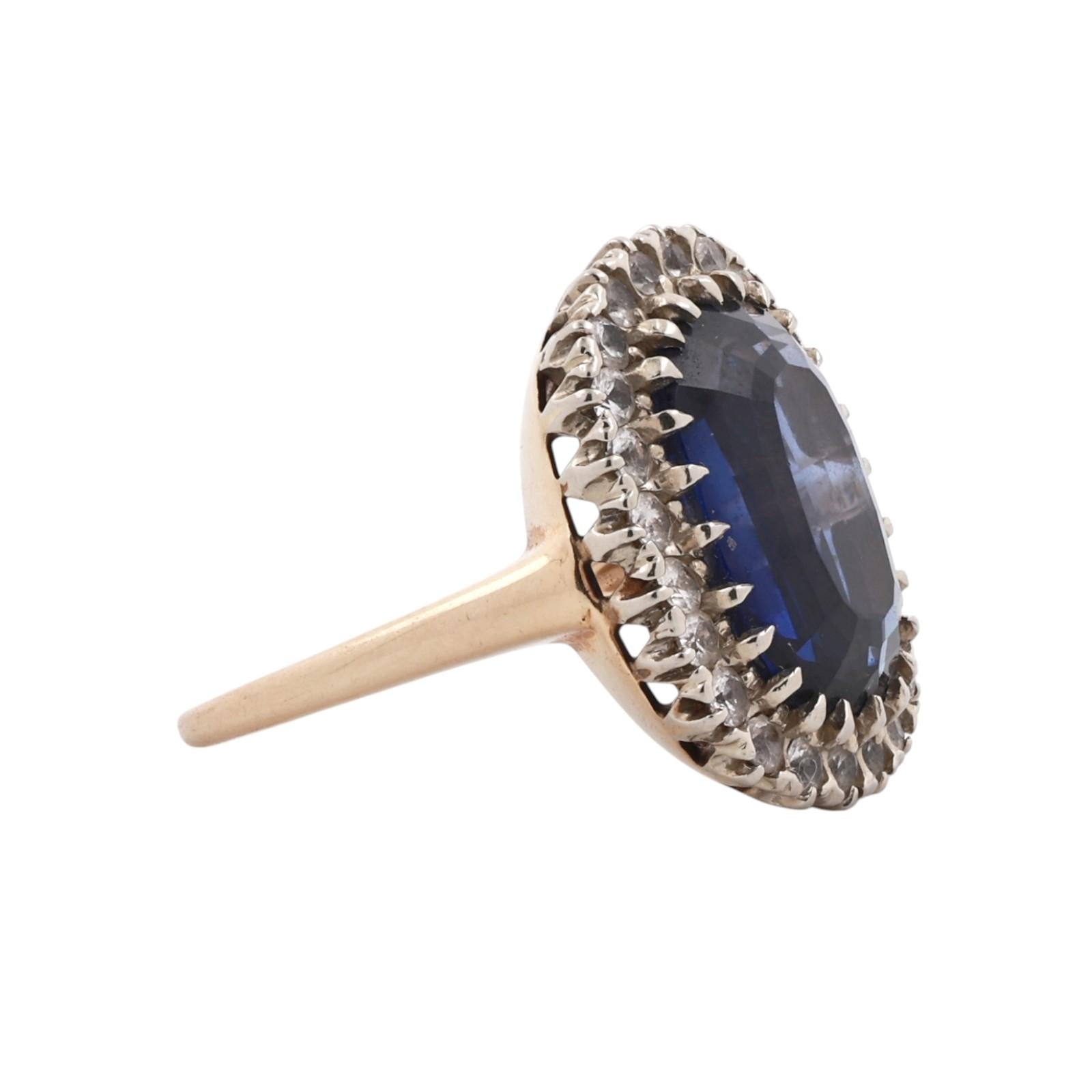 Two-Tone Gold 13.50CT Lab Grown Blue Sapphire and 1.44CT Quartz Halo Ring Sz 7.5