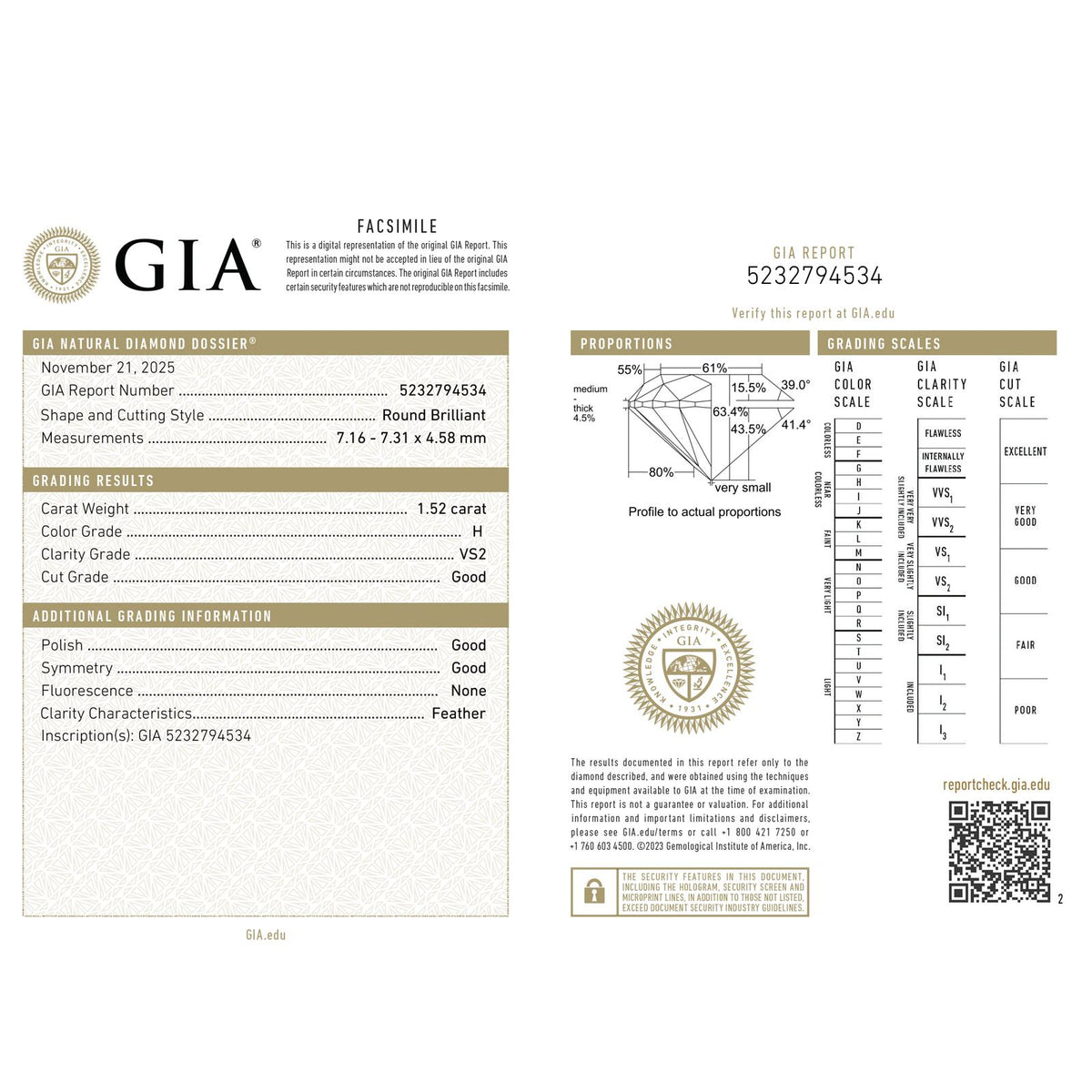 GIA Natural Diamond Engagement Ring Platinum 2.52 CTW 1.52 CT H VS2 Round