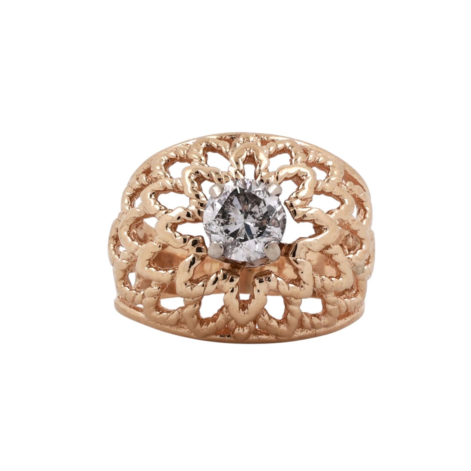 Two-Tone Gold 0.80CT Solitaire Round Diamond Filigree Cocktail Ring Size 5.75