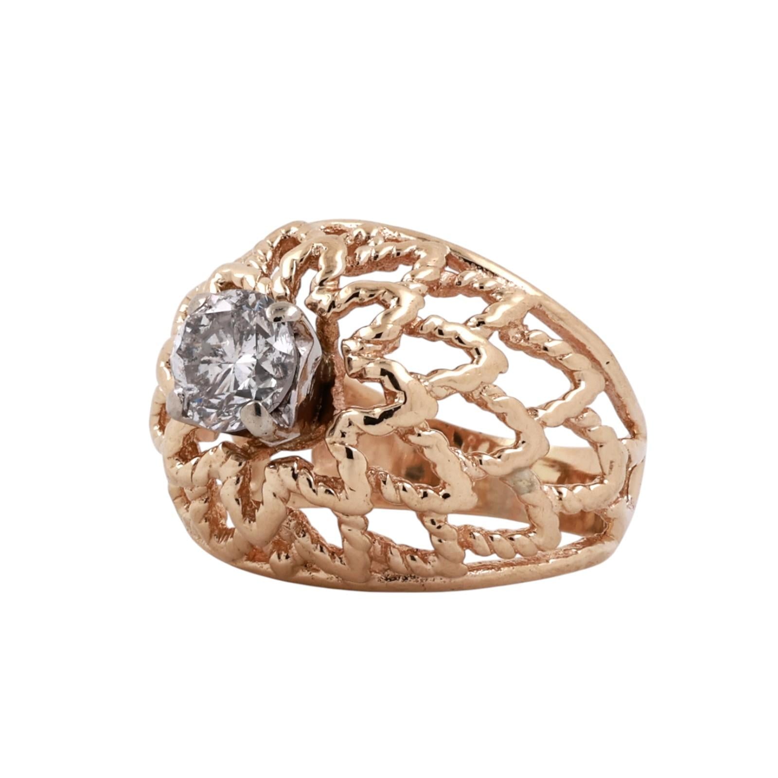 Two-Tone Gold 0.80CT Solitaire Round Diamond Filigree Cocktail Ring Size 5.75