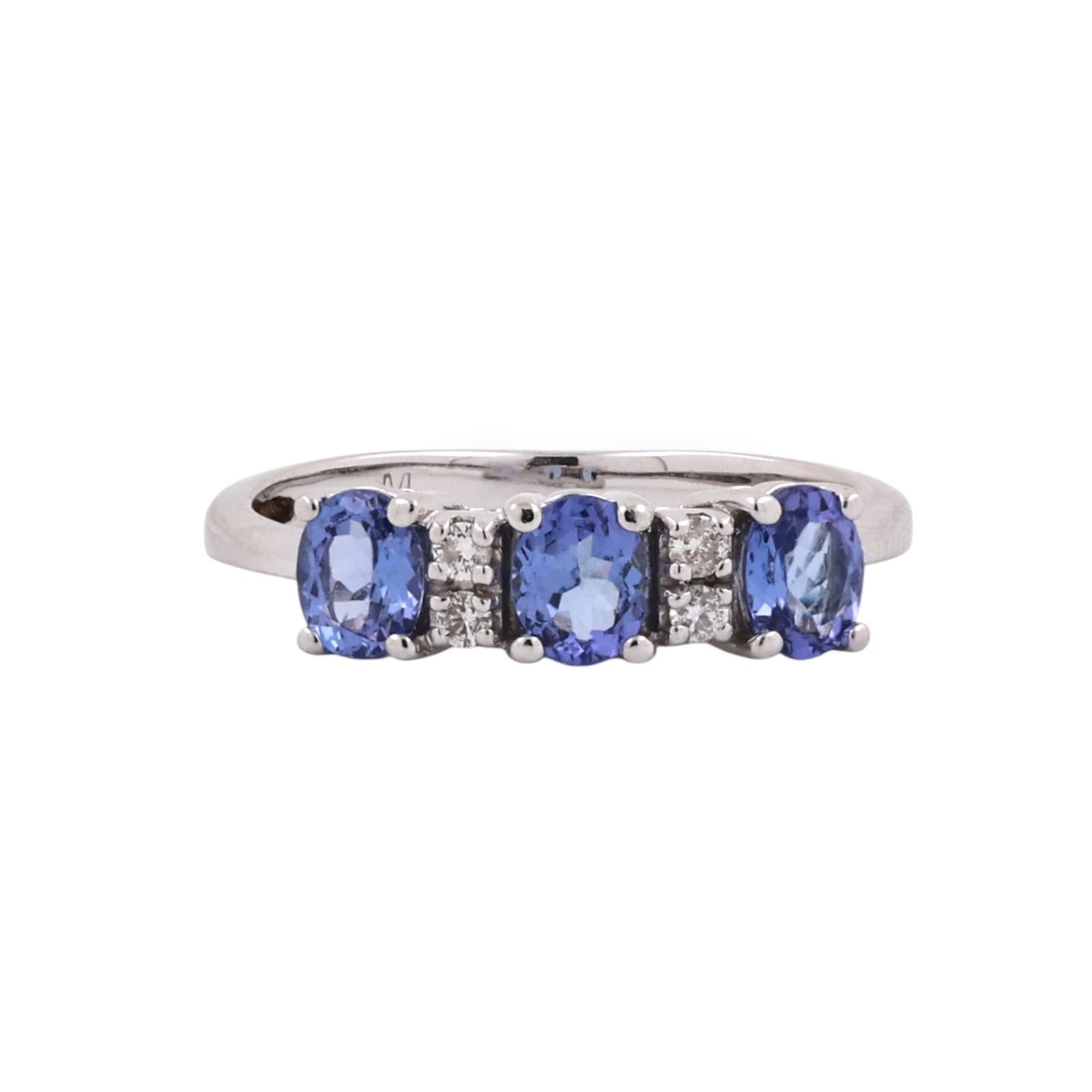 3 Stone Tanzanite Diamond Ring 14K White Gold 0.83 CTW Size 7 Estate