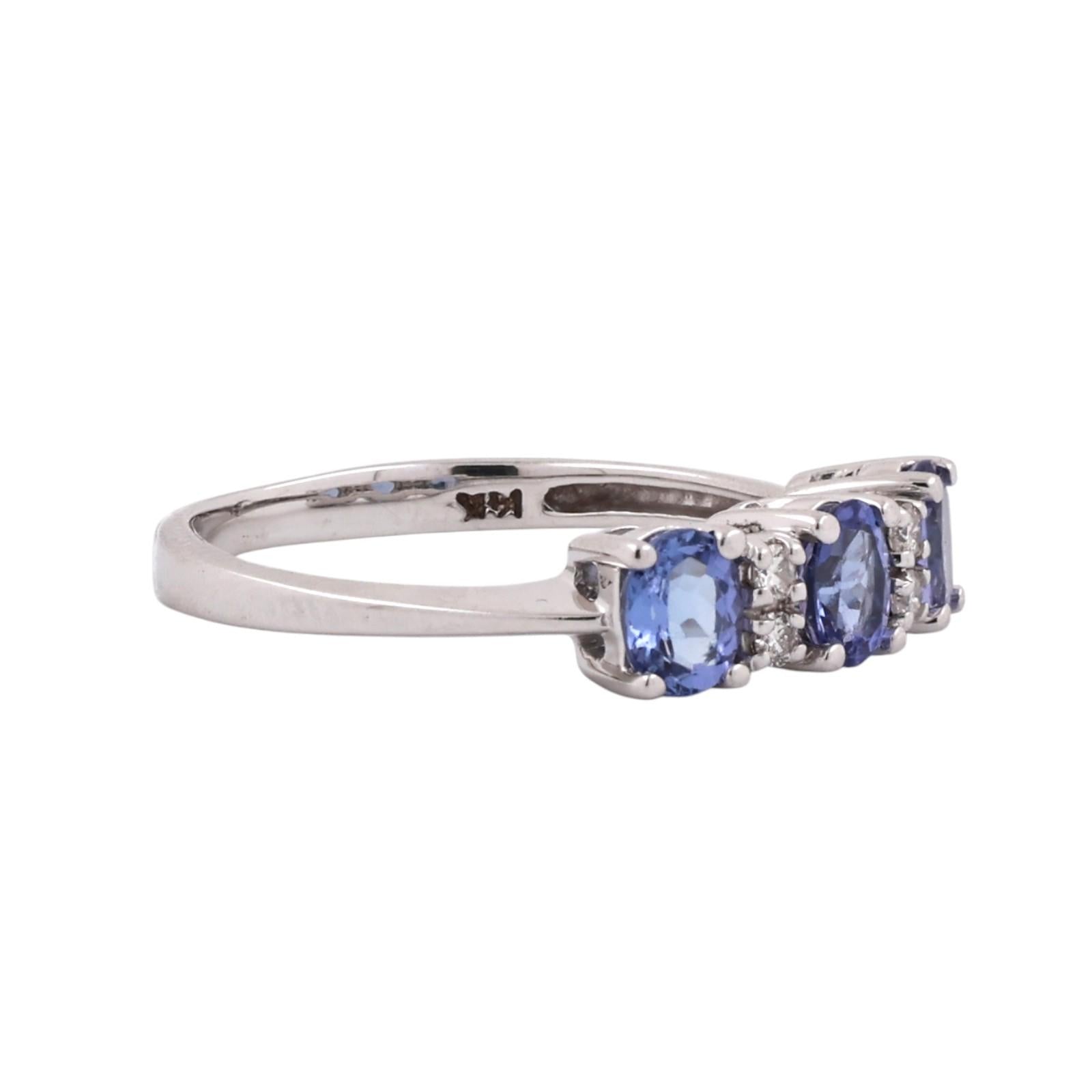 3 Stone Tanzanite Diamond Ring 14K White Gold 0.83 CTW Size 7 Estate