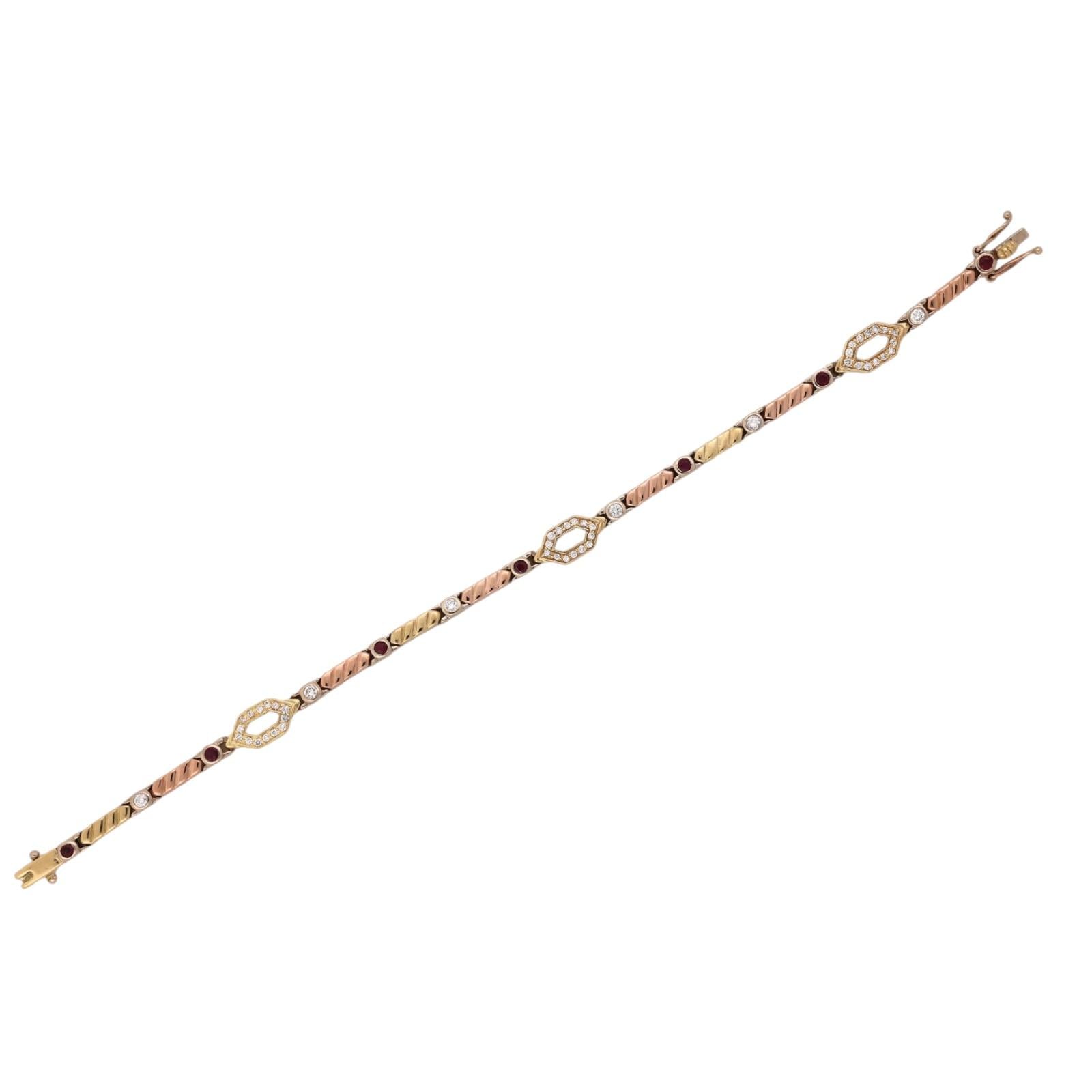 18K Tri Tone Gold Ruby Diamond Tennis Bracelet 7" Estate 0.93CTW