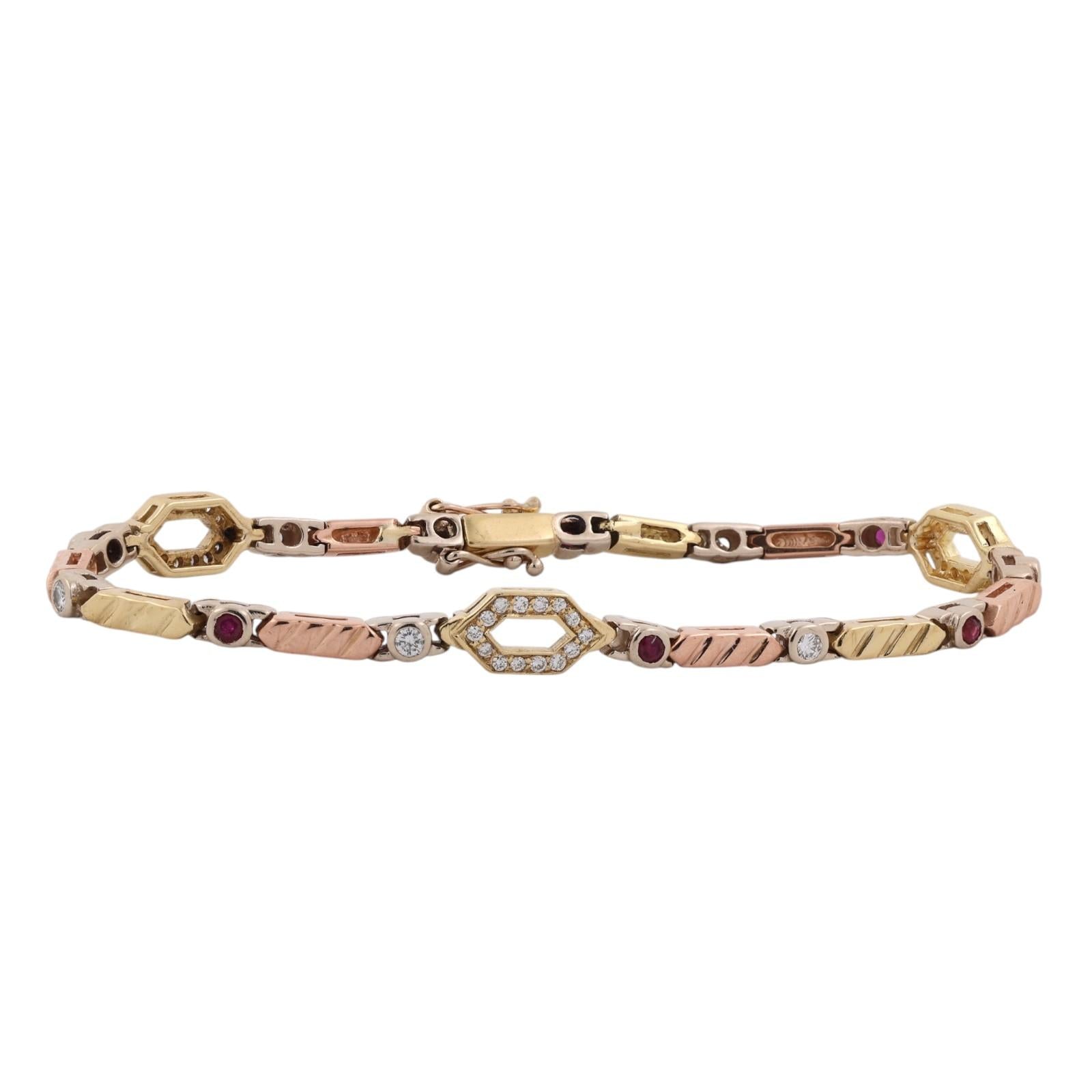 18K Tri Tone Gold Ruby Diamond Tennis Bracelet 7" Estate 0.93CTW