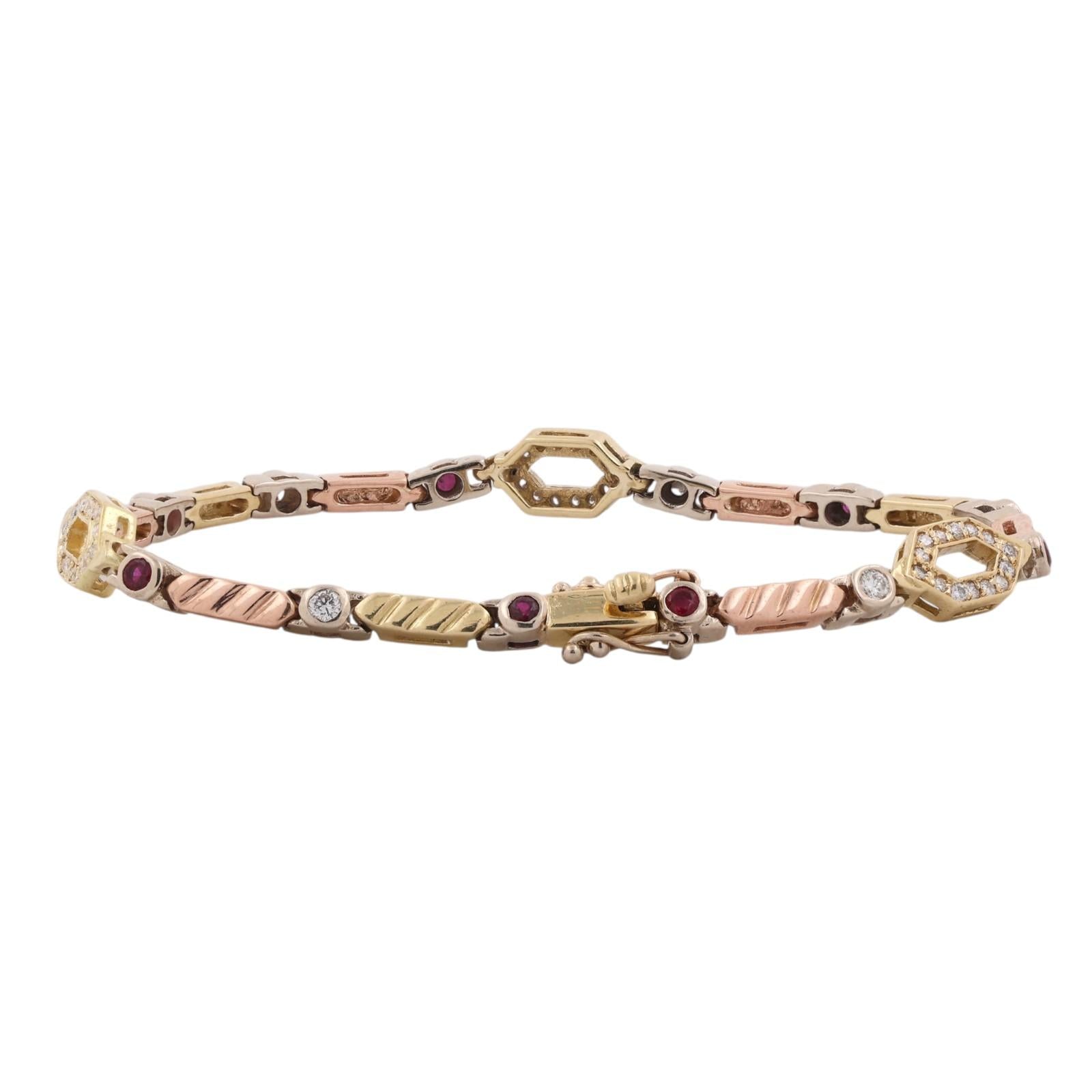18K Tri Tone Gold Ruby Diamond Tennis Bracelet 7" Estate 0.93CTW