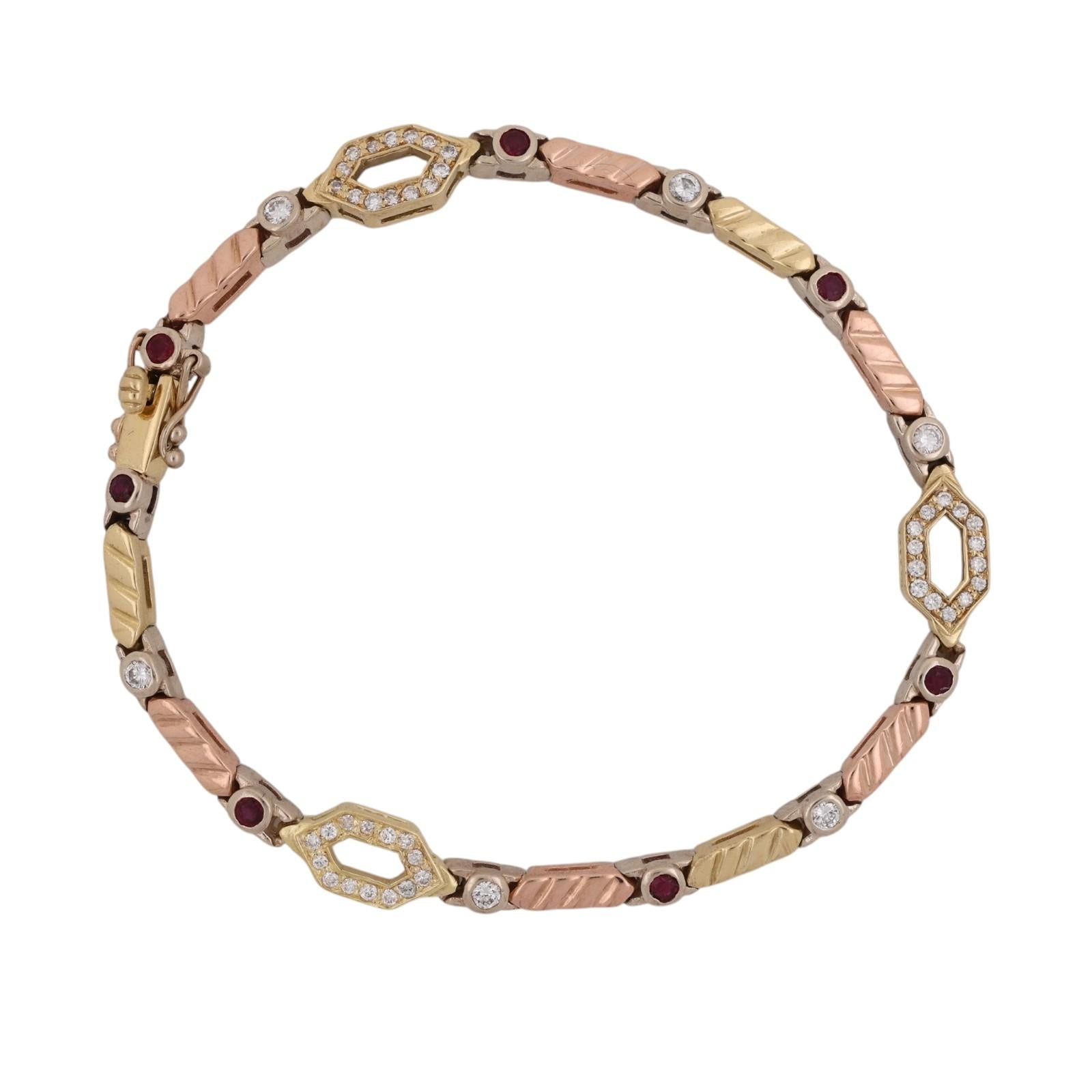 18K Tri Tone Gold Ruby Diamond Tennis Bracelet 7" Estate 0.93CTW