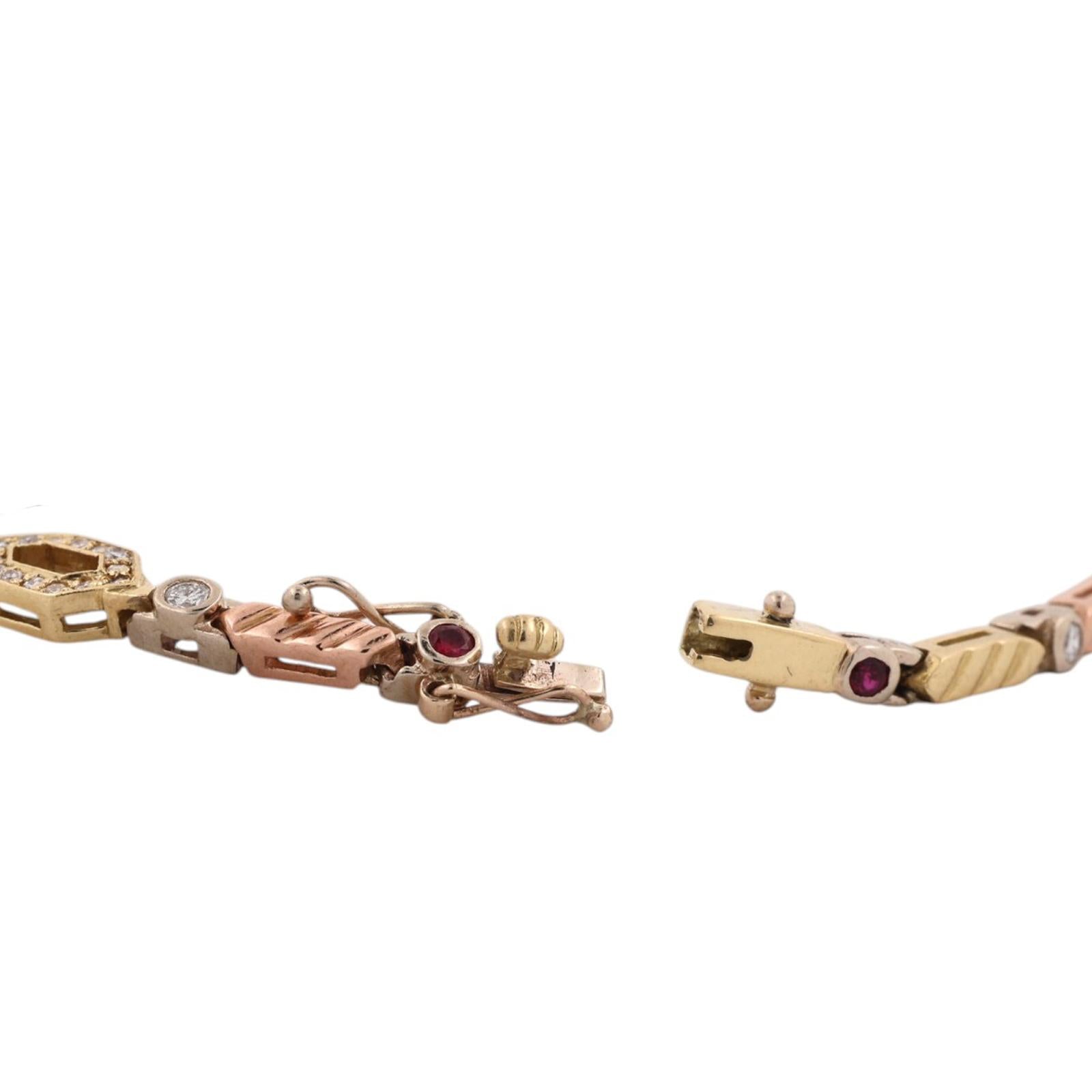 18K Tri Tone Gold Ruby Diamond Tennis Bracelet 7" Estate 0.93CTW