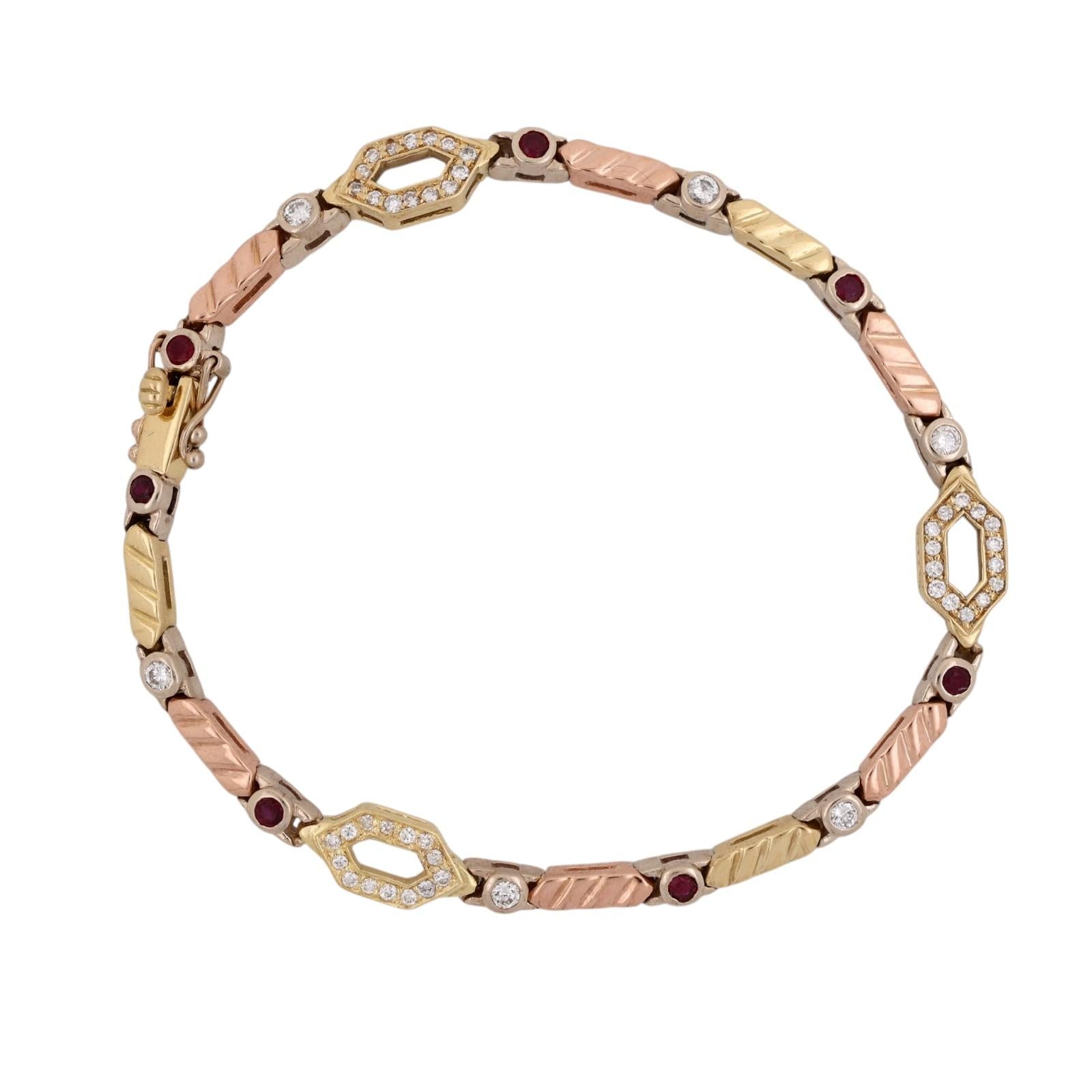18K Tri Tone Gold Ruby Diamond Tennis Bracelet 7" Estate 0.93CTW