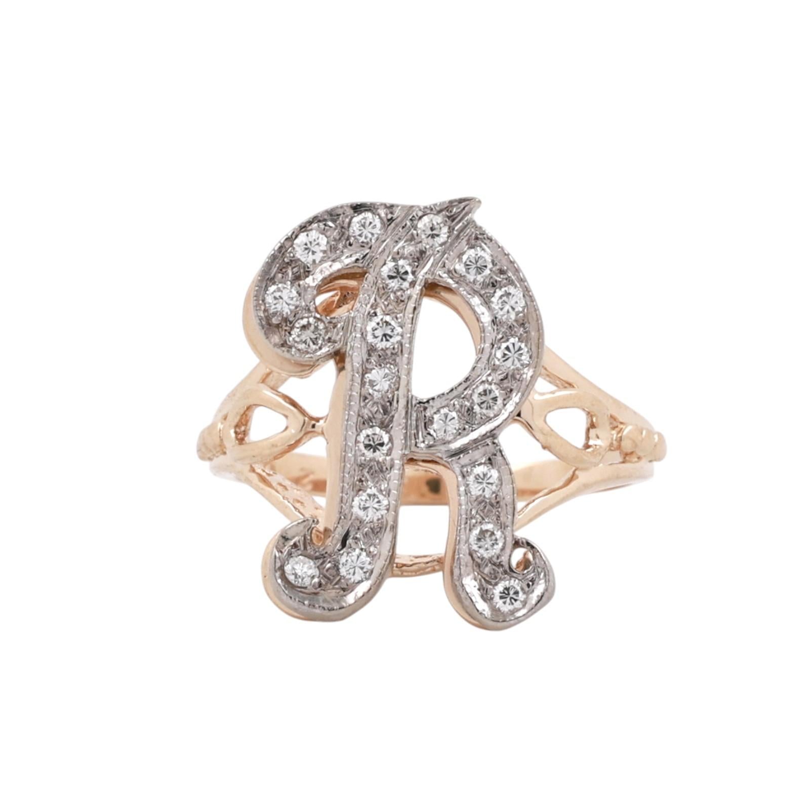 14K Two-Tone Gold Diamond Initial R Ring 0.45CTW Letter Monogram Size 6.5