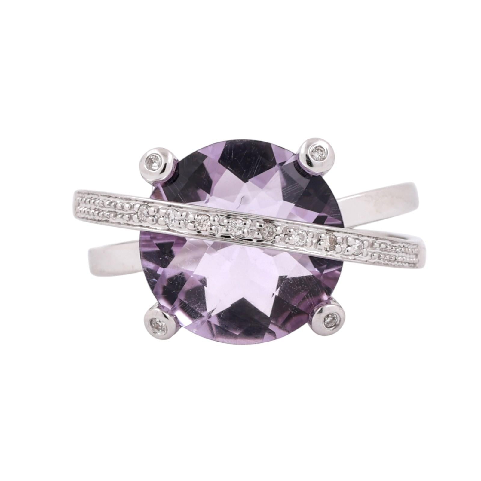 6.50Ct Checkerboard Amethyst Diamond Bypass Ring 14K White Gold Size 7.25