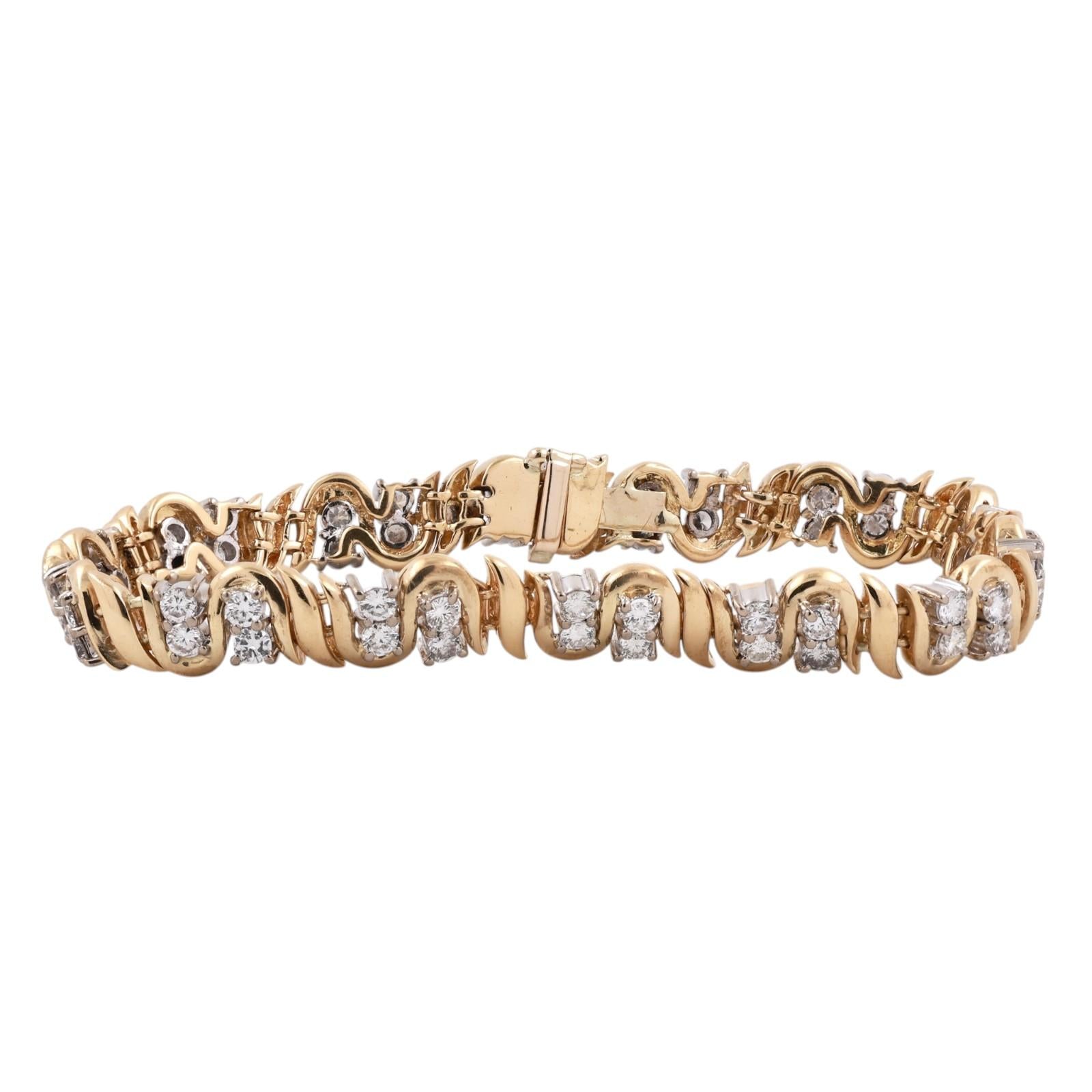 18K Two Tone Gold 5.00CTW Natural Diamond Bracelet 7.5" Estate Italy