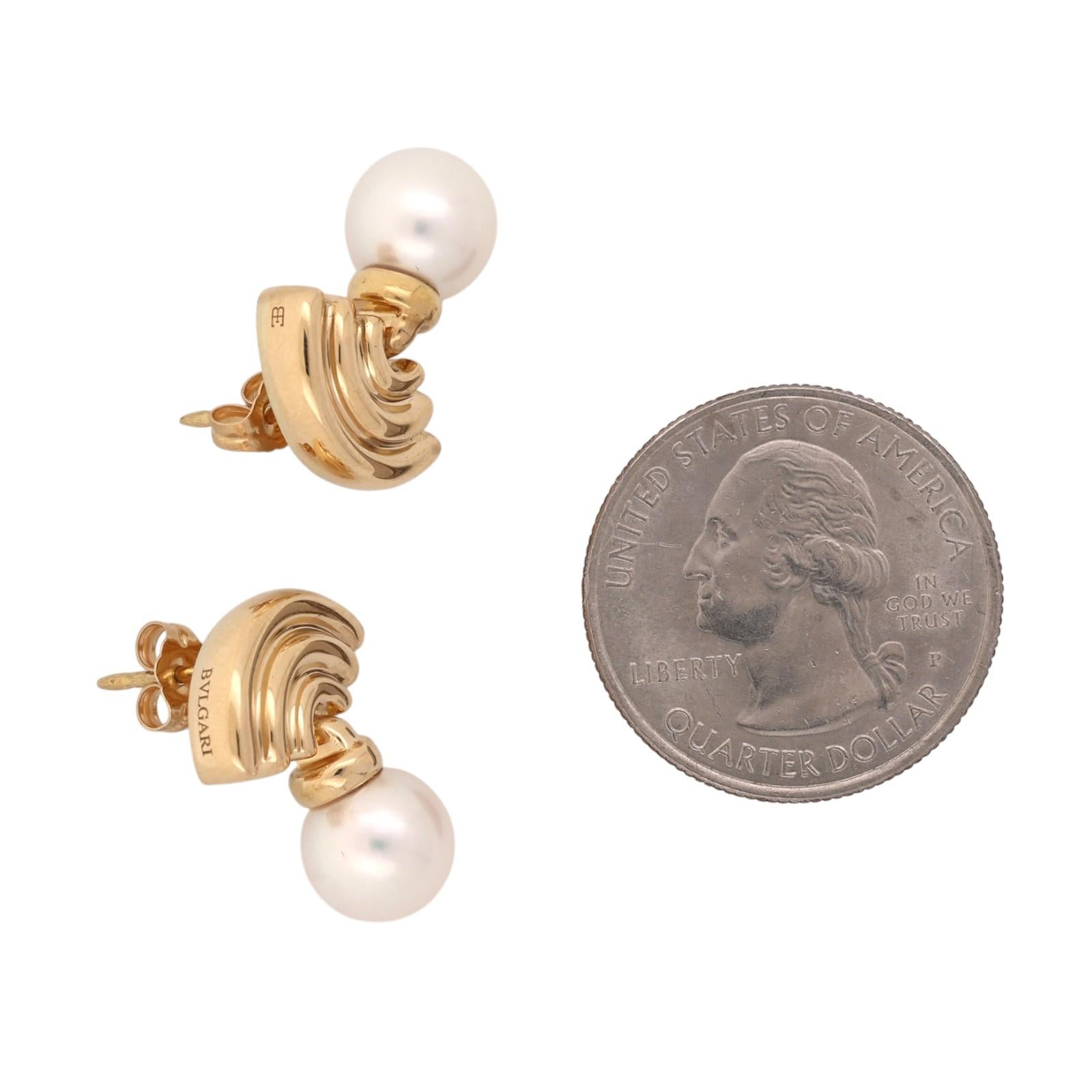 BVLGARI Vintage Akoya Pearl Drop Earrings 18K Yellow Gold Italy 1990s