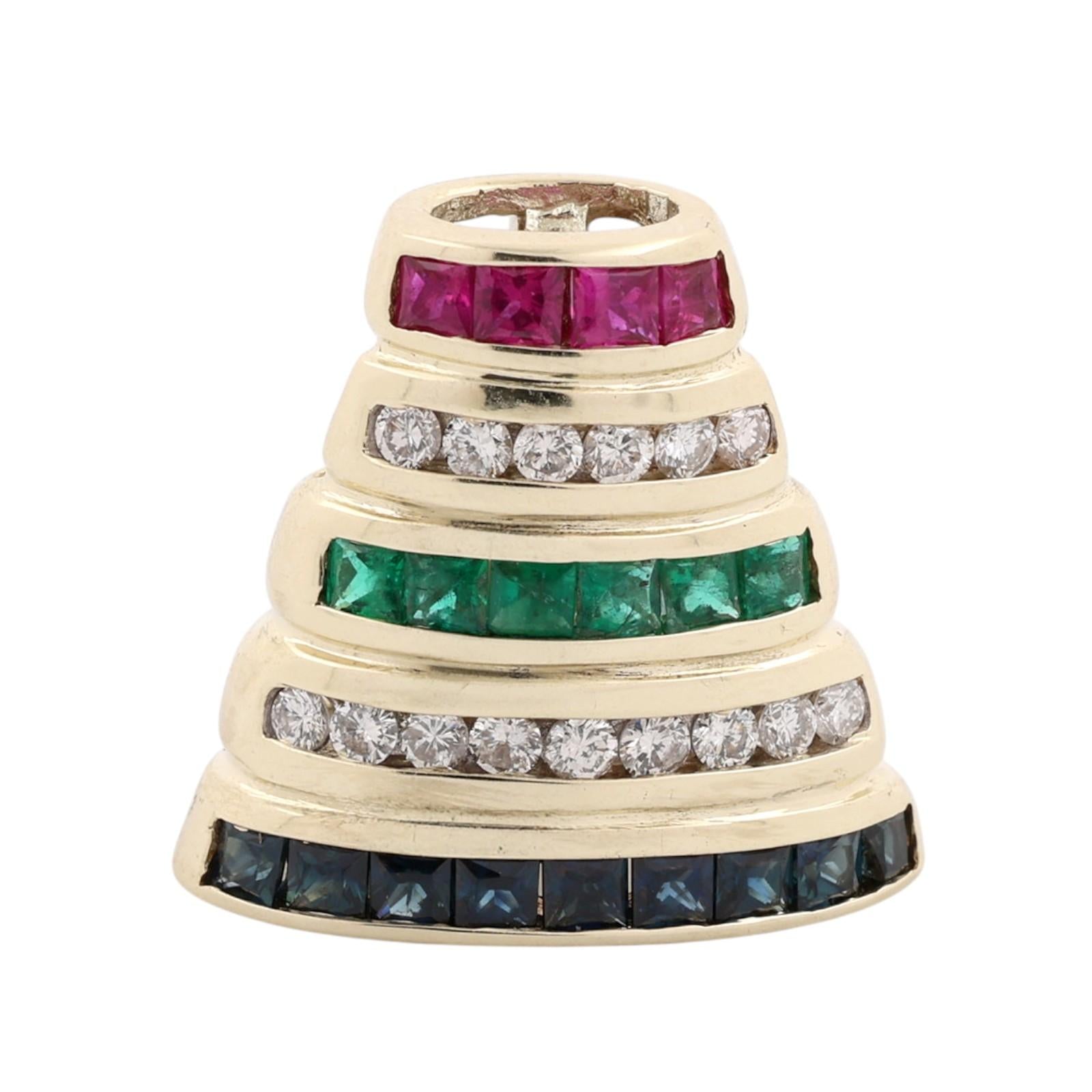 Gold Ruby Emerald Sapphire Diamond Slider Pendant Multi Gem 1.93CTW