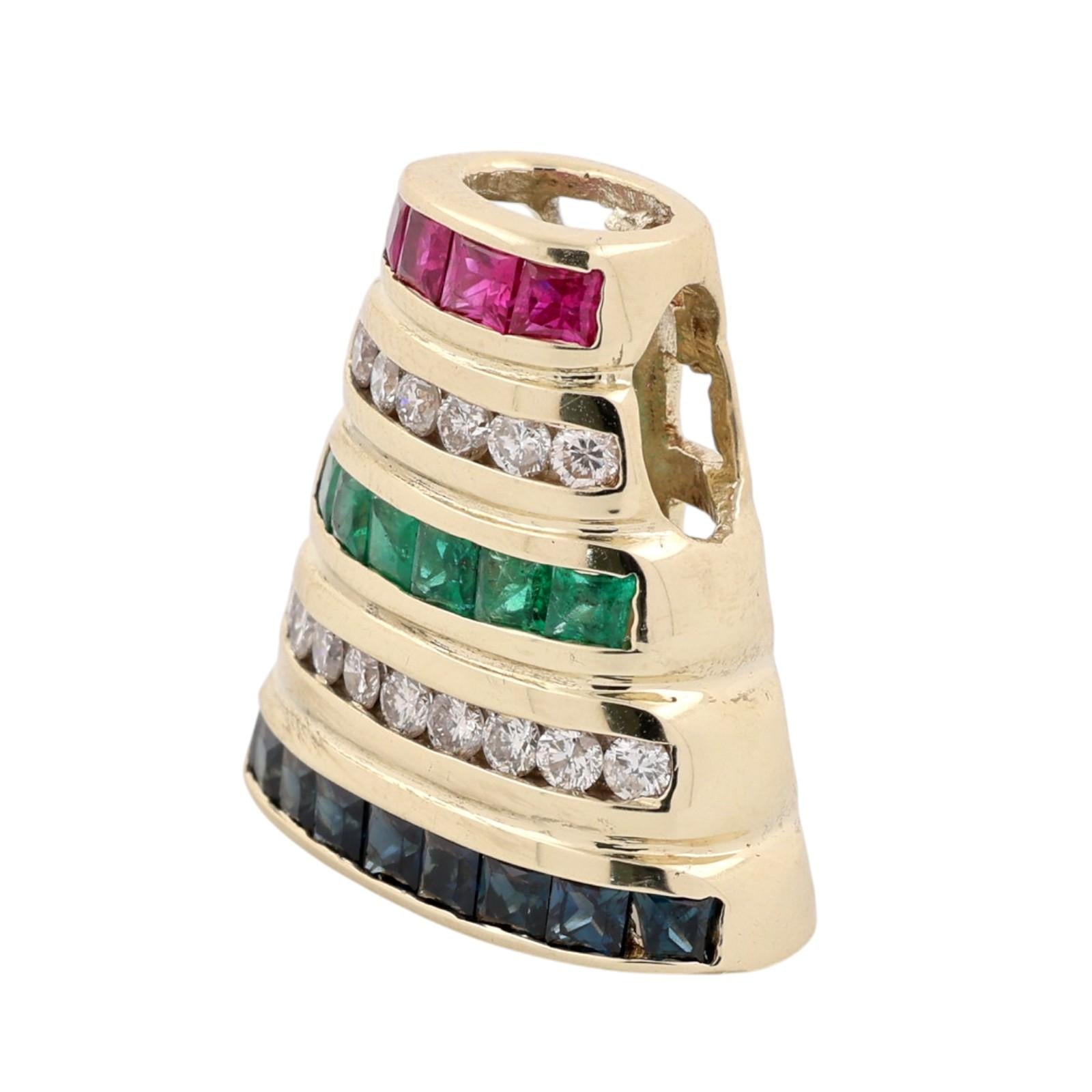 Gold Ruby Emerald Sapphire Diamond Slider Pendant Multi Gem 1.93CTW