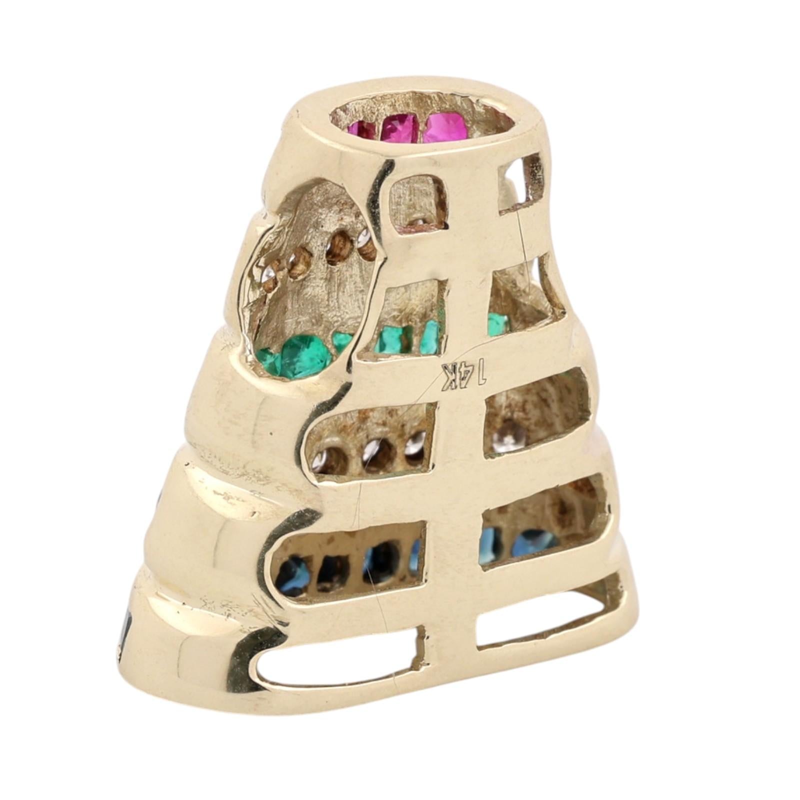 Gold Ruby Emerald Sapphire Diamond Slider Pendant Multi Gem 1.93CTW