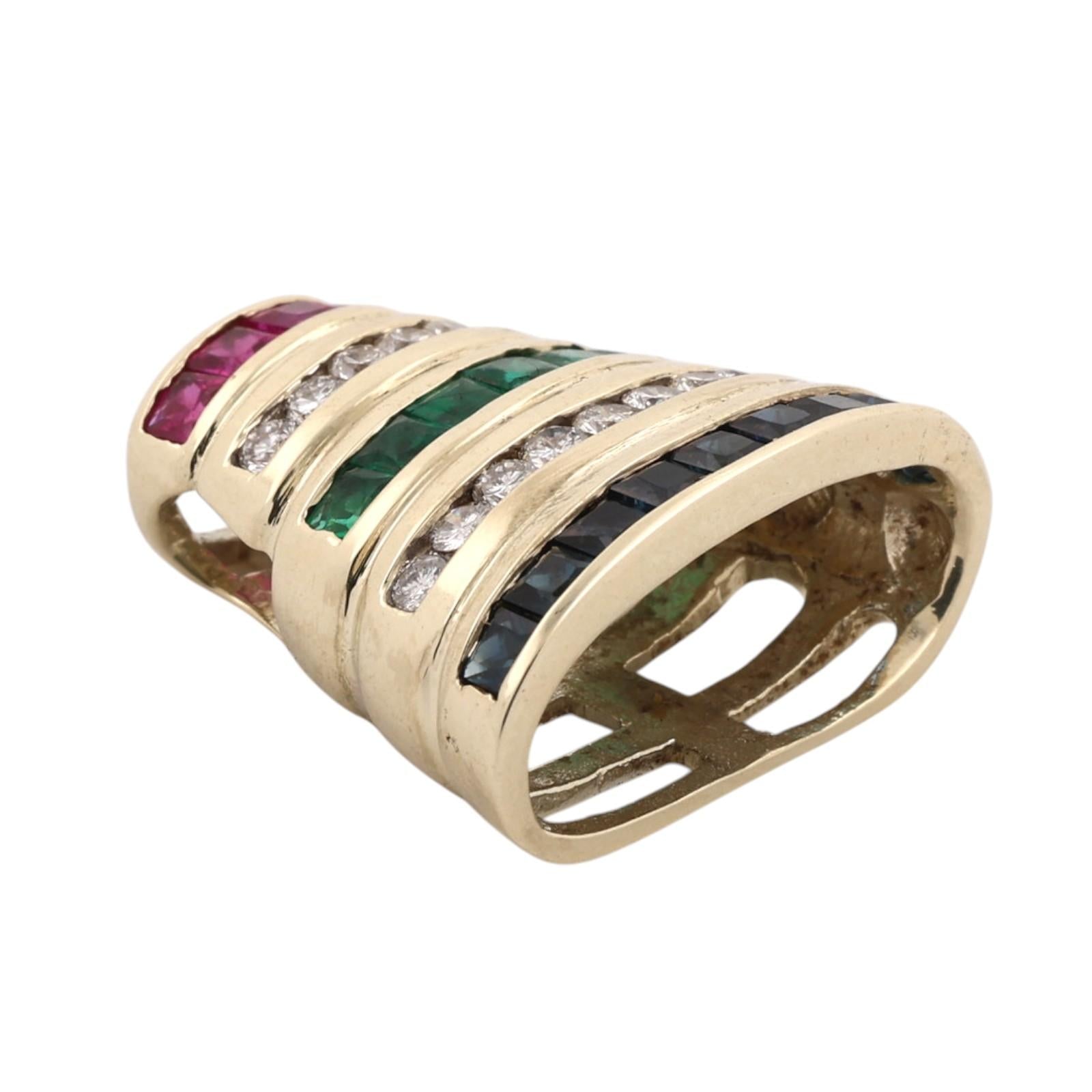 Gold Ruby Emerald Sapphire Diamond Slider Pendant Multi Gem 1.93CTW