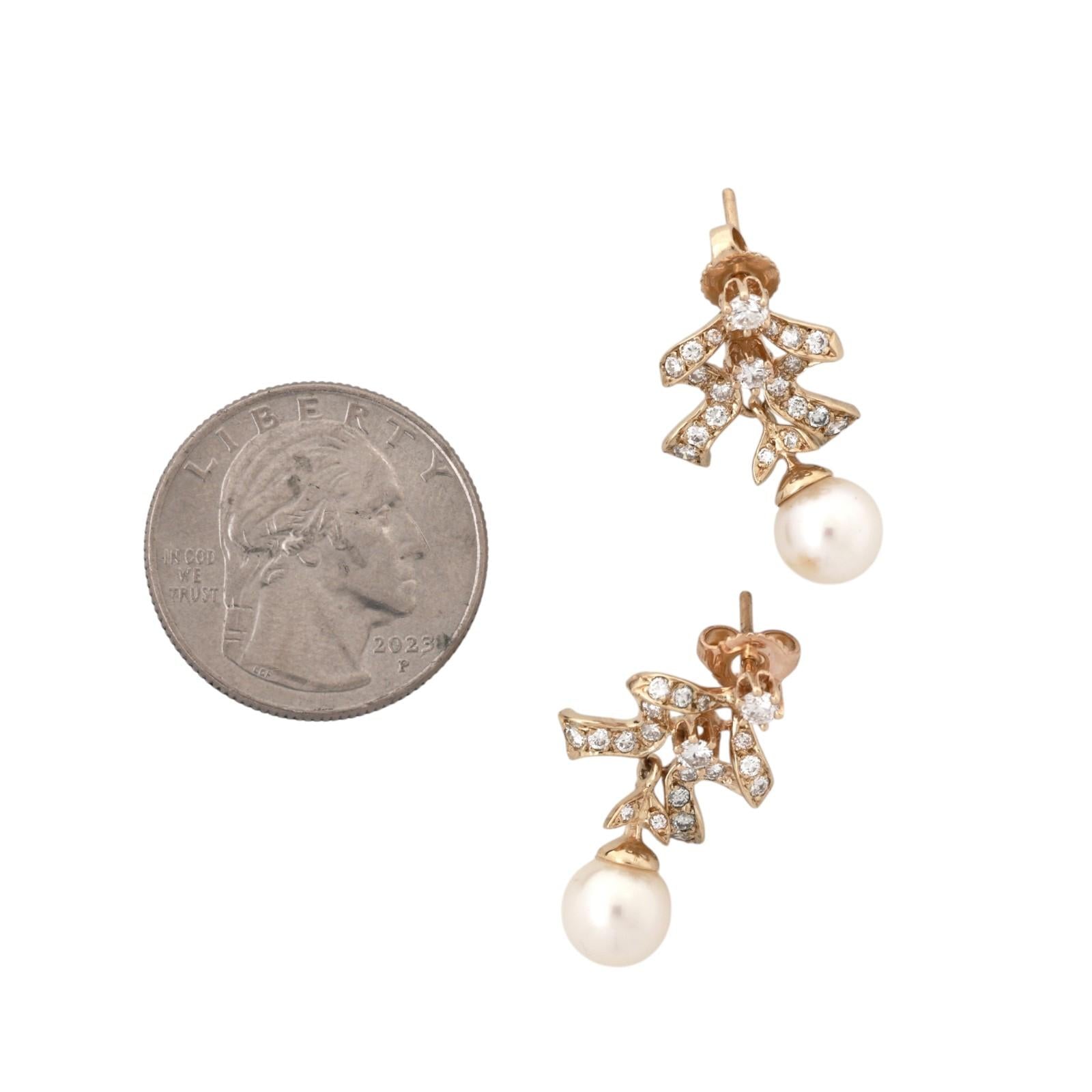 14K Yellow Gold Akoya Pearl Diamond Drop Earrings 1.00CTW Vintage Estate