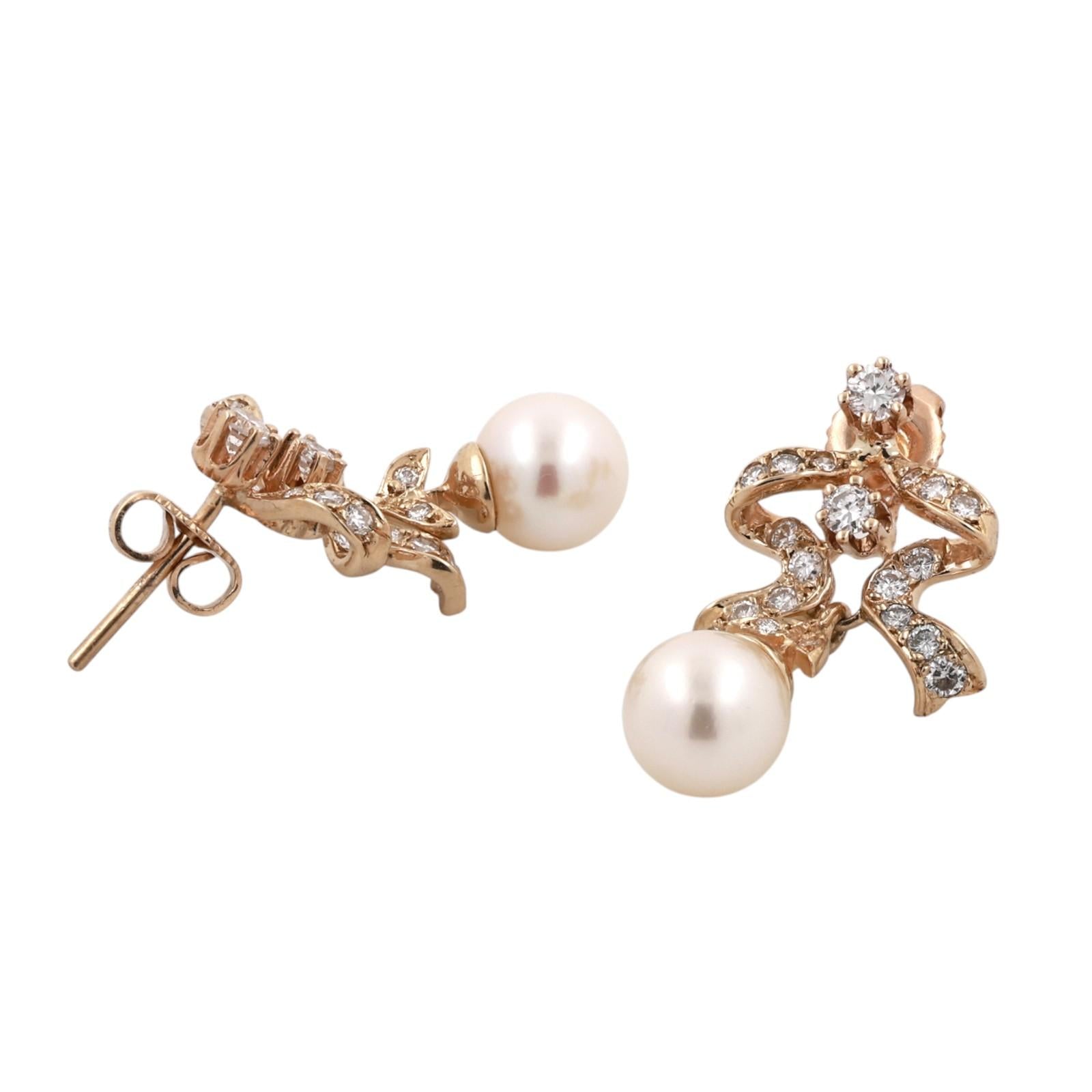 14K Yellow Gold Akoya Pearl Diamond Drop Earrings 1.00CTW Vintage Estate