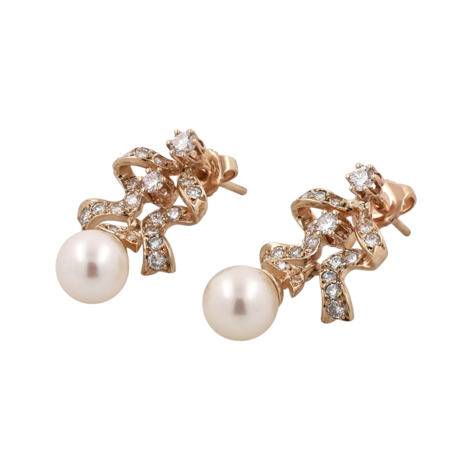 14K Yellow Gold Akoya Pearl Diamond Drop Earrings 1.00CTW Vintage Estate