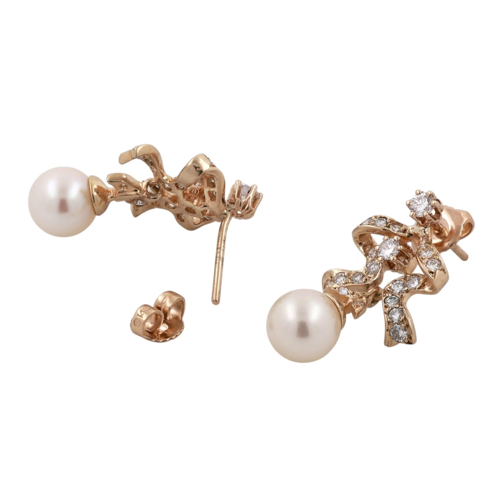 14K Yellow Gold Akoya Pearl Diamond Drop Earrings 1.00CTW Vintage Estate