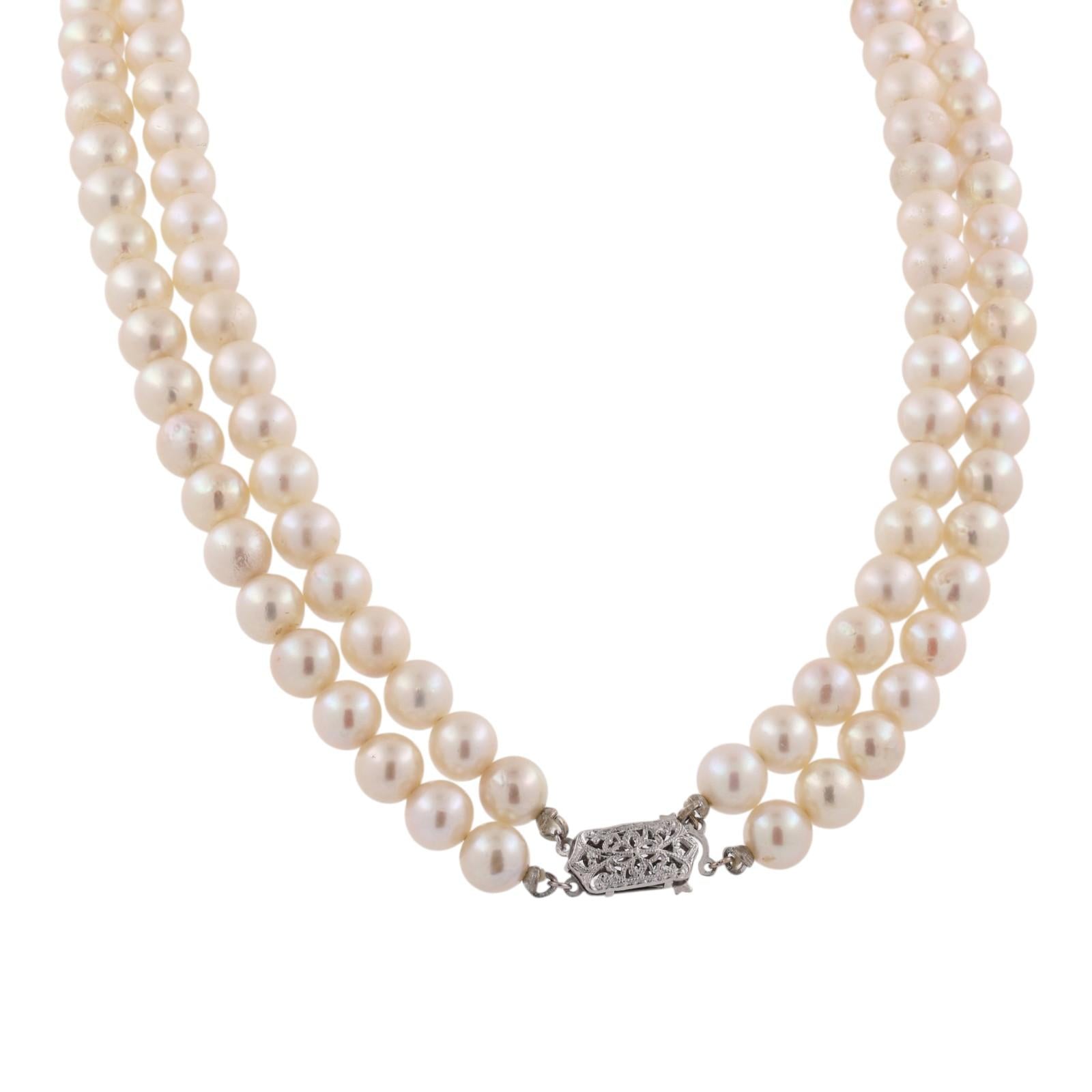 Akoya Pearl Double Strand Choker Necklace 14K White Gold Clasp 15" 7mm Estate