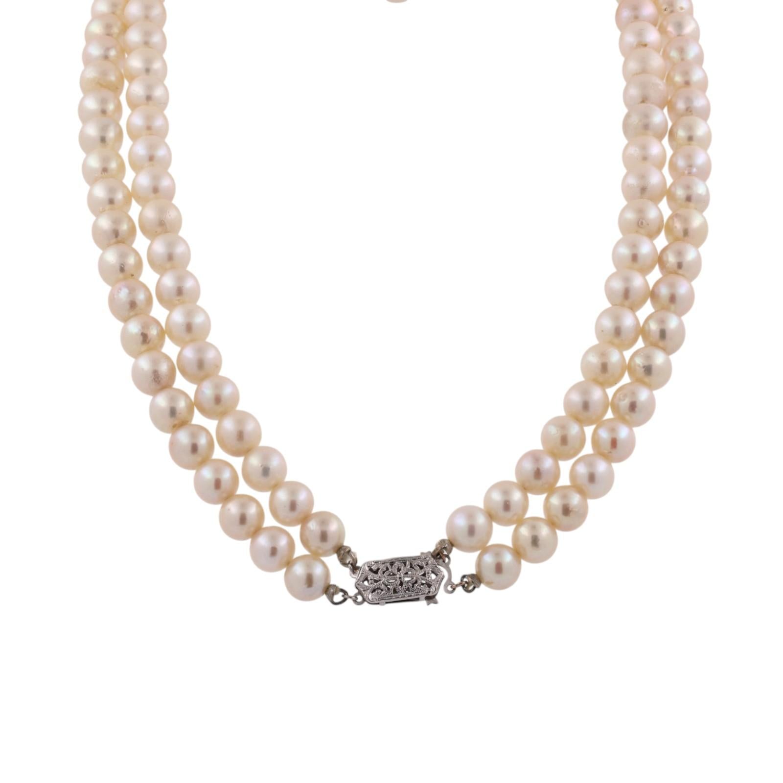 Akoya Pearl Double Strand Choker Necklace 14K White Gold Clasp 15" 7mm Estate