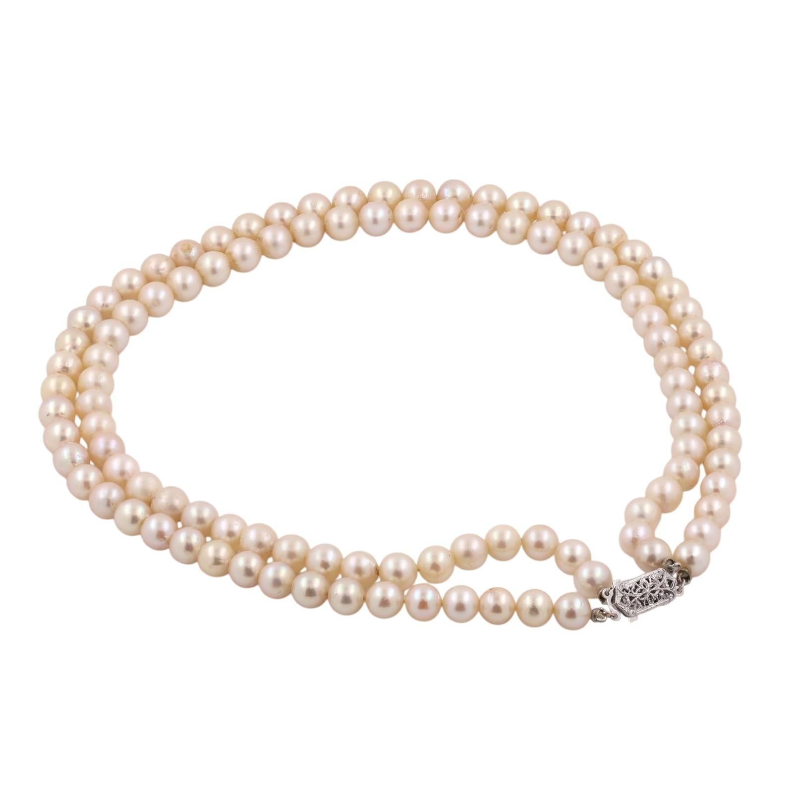 Akoya Pearl Double Strand Choker Necklace 14K White Gold Clasp 15" 7mm Estate