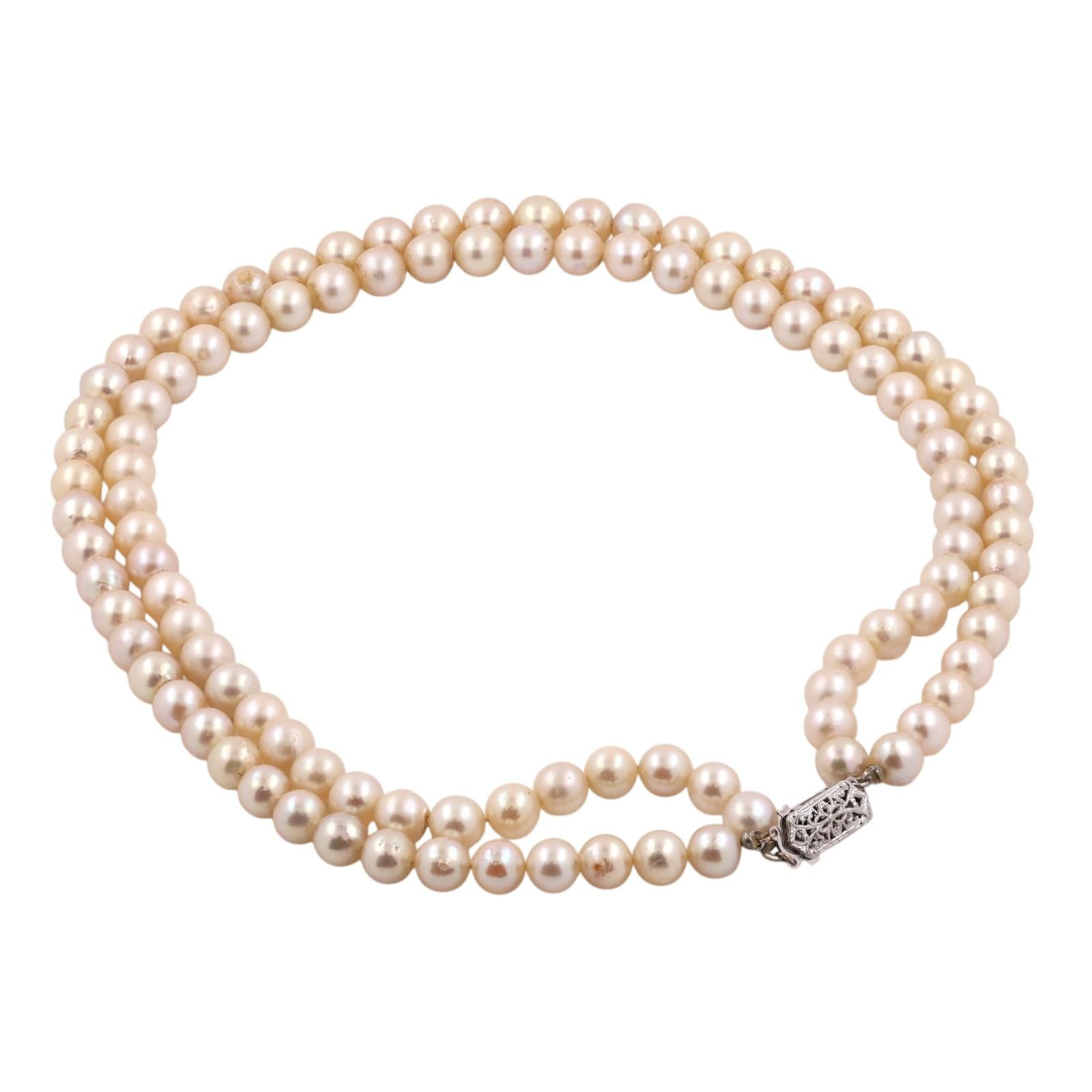 Akoya Pearl Double Strand Choker Necklace 14K White Gold Clasp 15" 7mm Estate