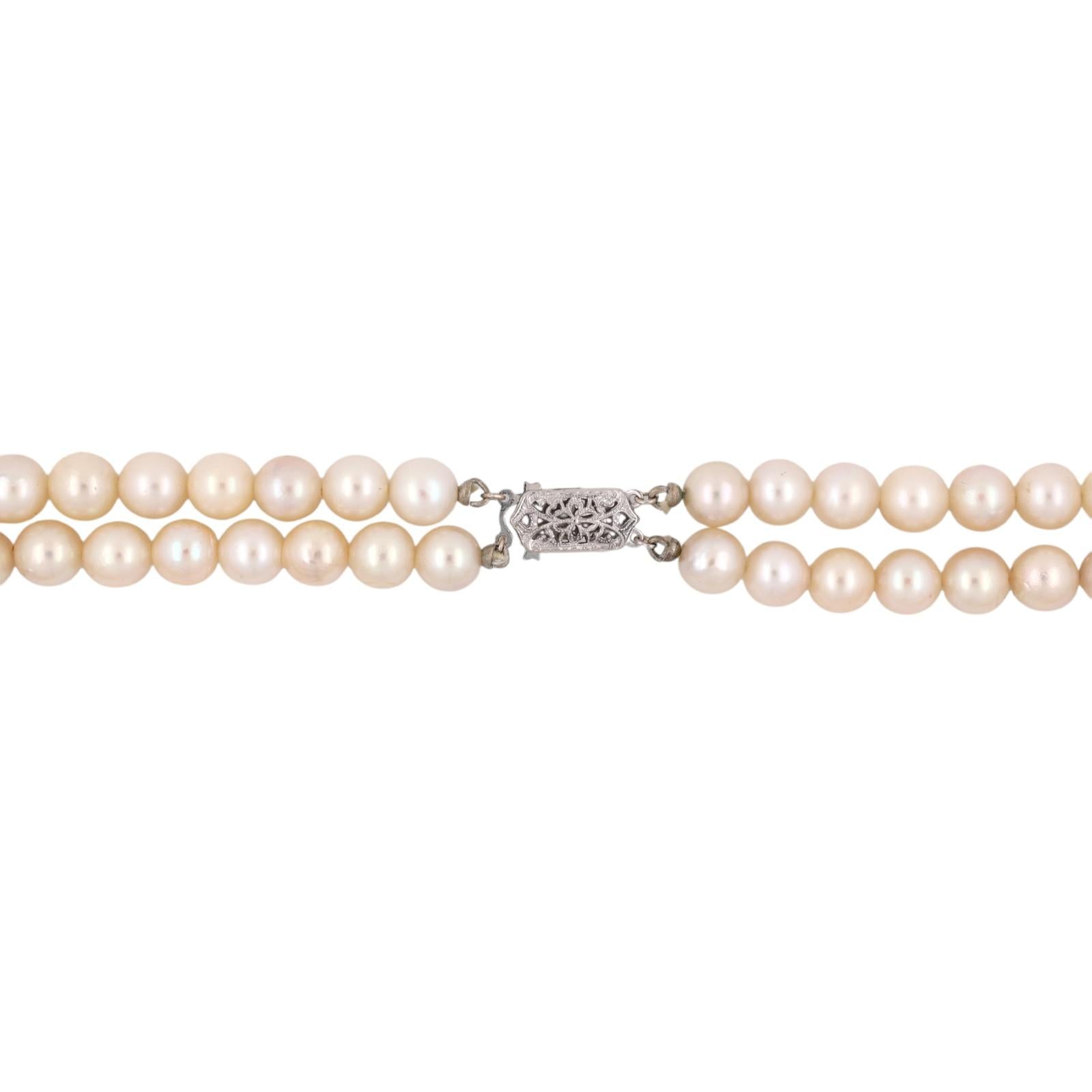Akoya Pearl Double Strand Choker Necklace 14K White Gold Clasp 15" 7mm Estate