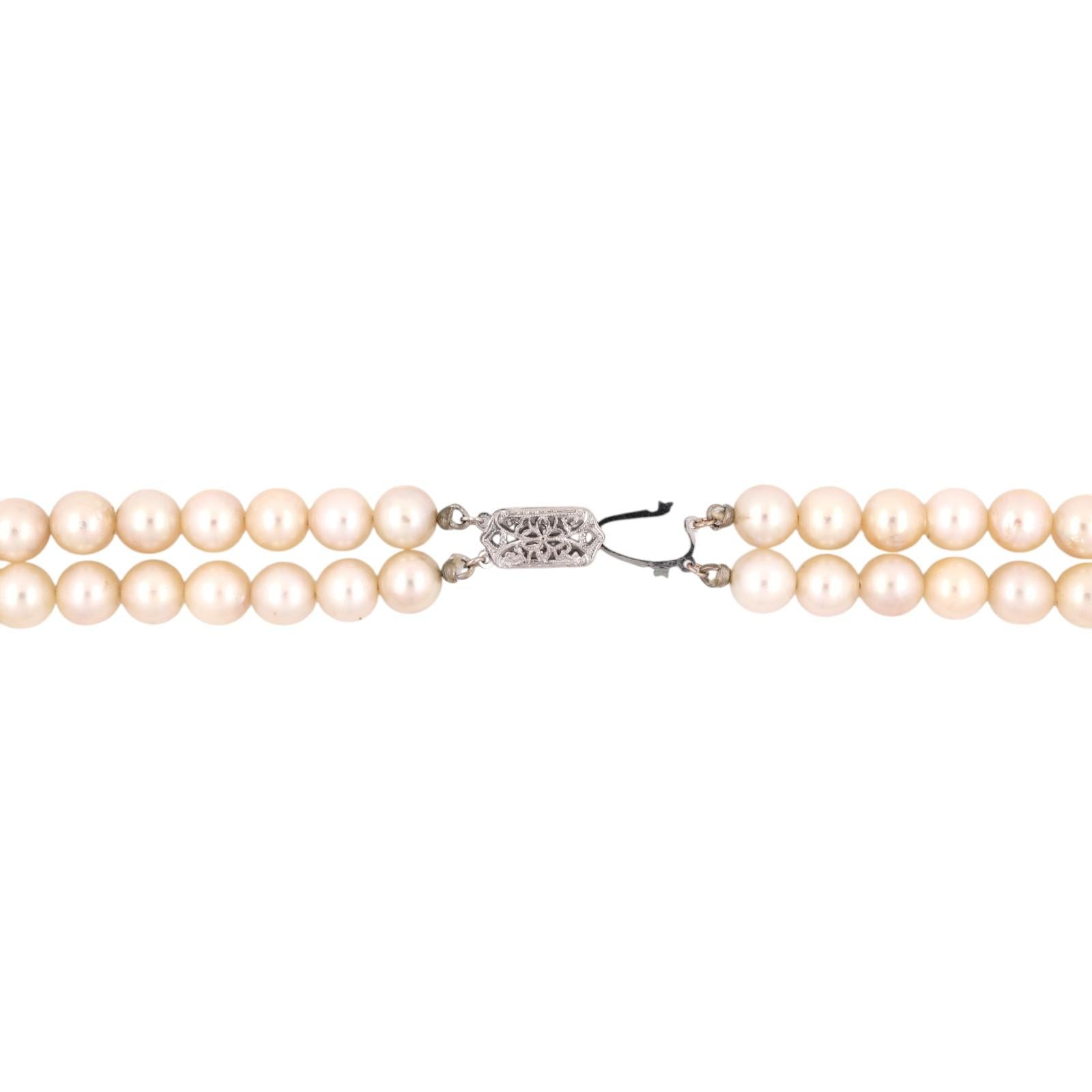 Akoya Pearl Double Strand Choker Necklace 14K White Gold Clasp 15" 7mm Estate