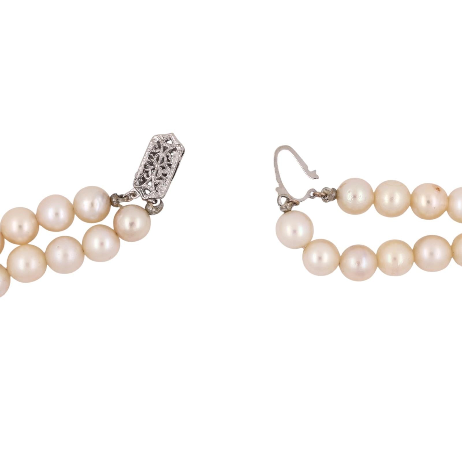 Akoya Pearl Double Strand Choker Necklace 14K White Gold Clasp 15" 7mm Estate