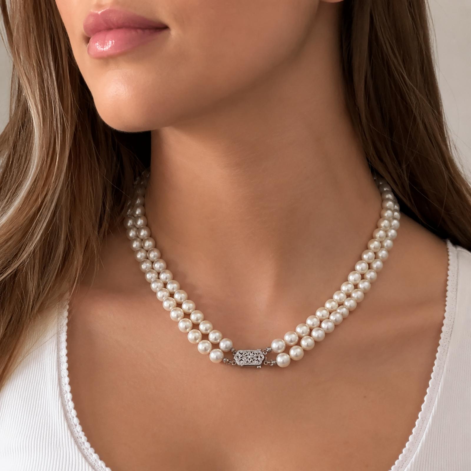 Akoya Pearl Double Strand Choker Necklace 14K White Gold Clasp 15" 7mm Estate