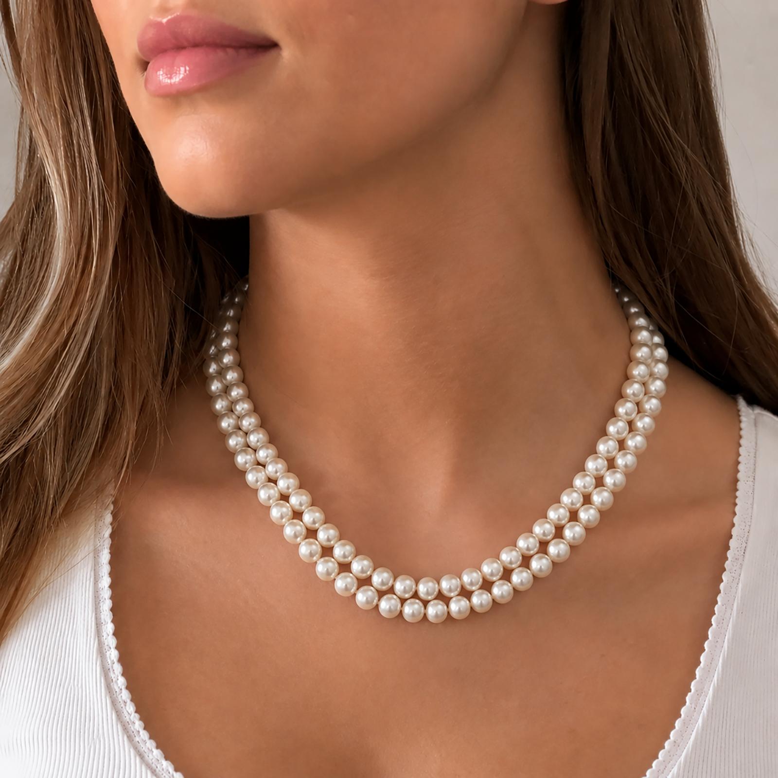 Akoya Pearl Double Strand Choker Necklace 14K White Gold Clasp 15" 7mm Estate