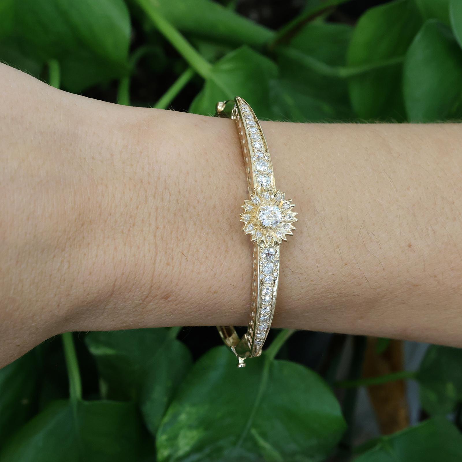1.50CTW Old European Cut Diamond Vintage Gold Hinged Bangle Bracelet Estate
