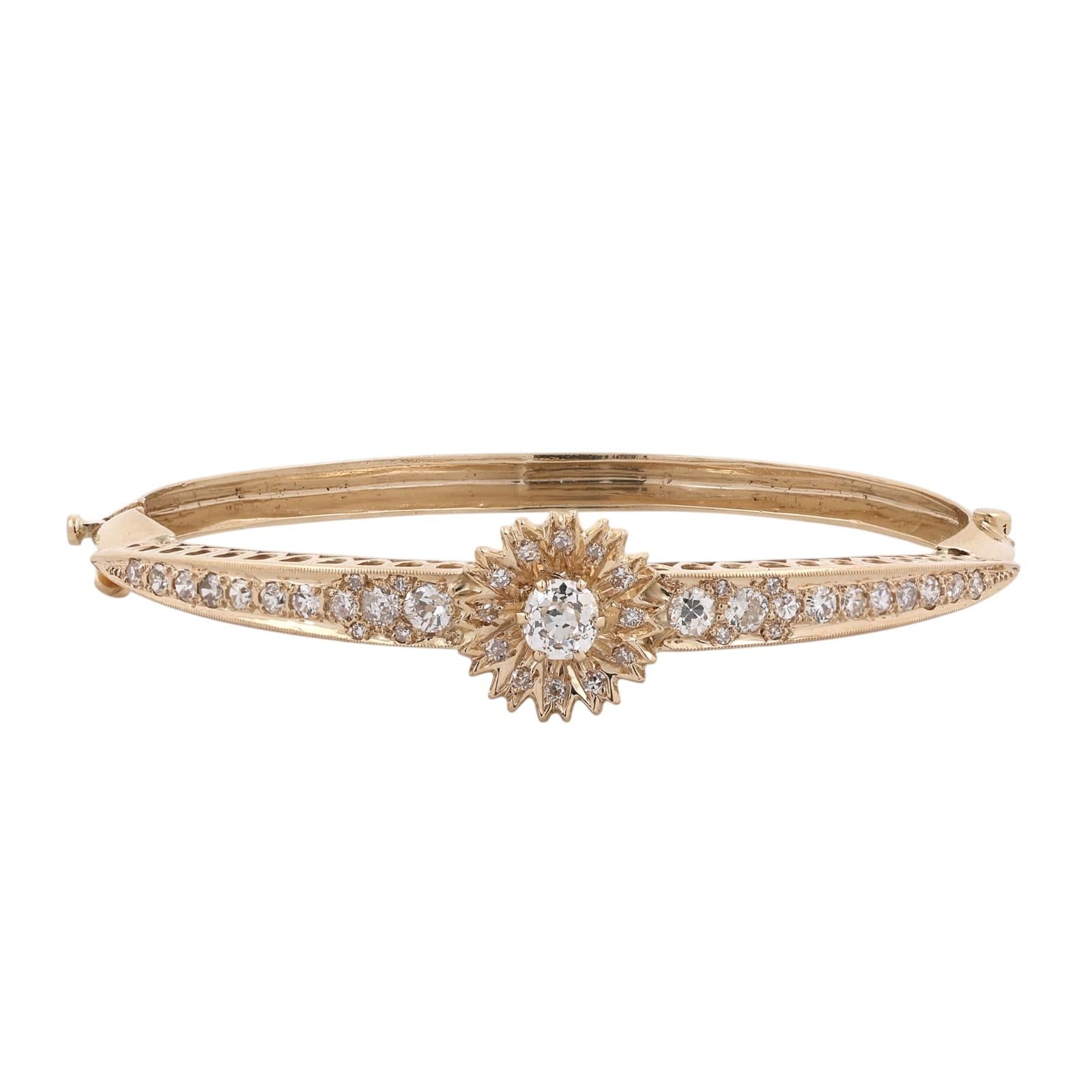 1.50CTW Old European Cut Diamond Vintage Gold Hinged Bangle Bracelet Estate