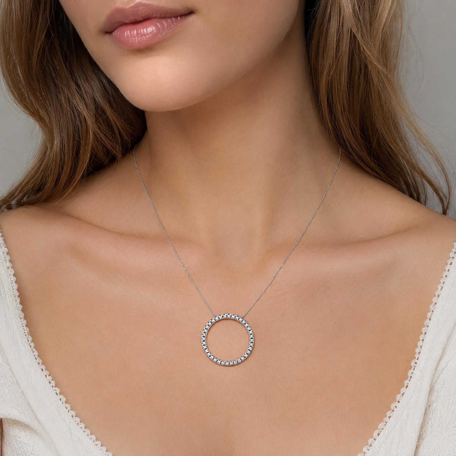 14K White Gold 0.50CTW Diamond Circle Pendant Necklace 19.5" Round Brilliant
